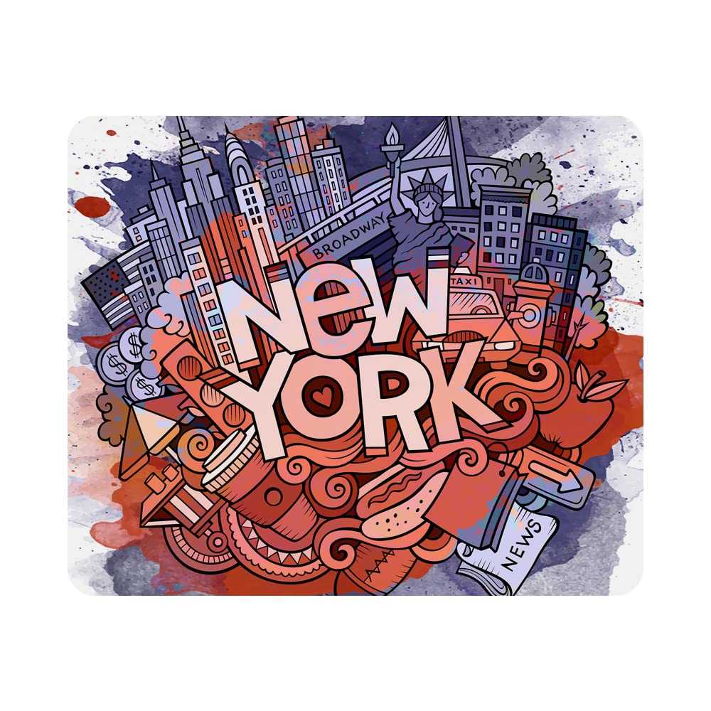 Nicokee Cartoon New York Gaming Mousepad Inscription Funny Holiday Building Art Mouse Pad Mouse Mat for Computer Desk Laptop Office 9.5 X 7.9 Inch Non-Slip Rubber