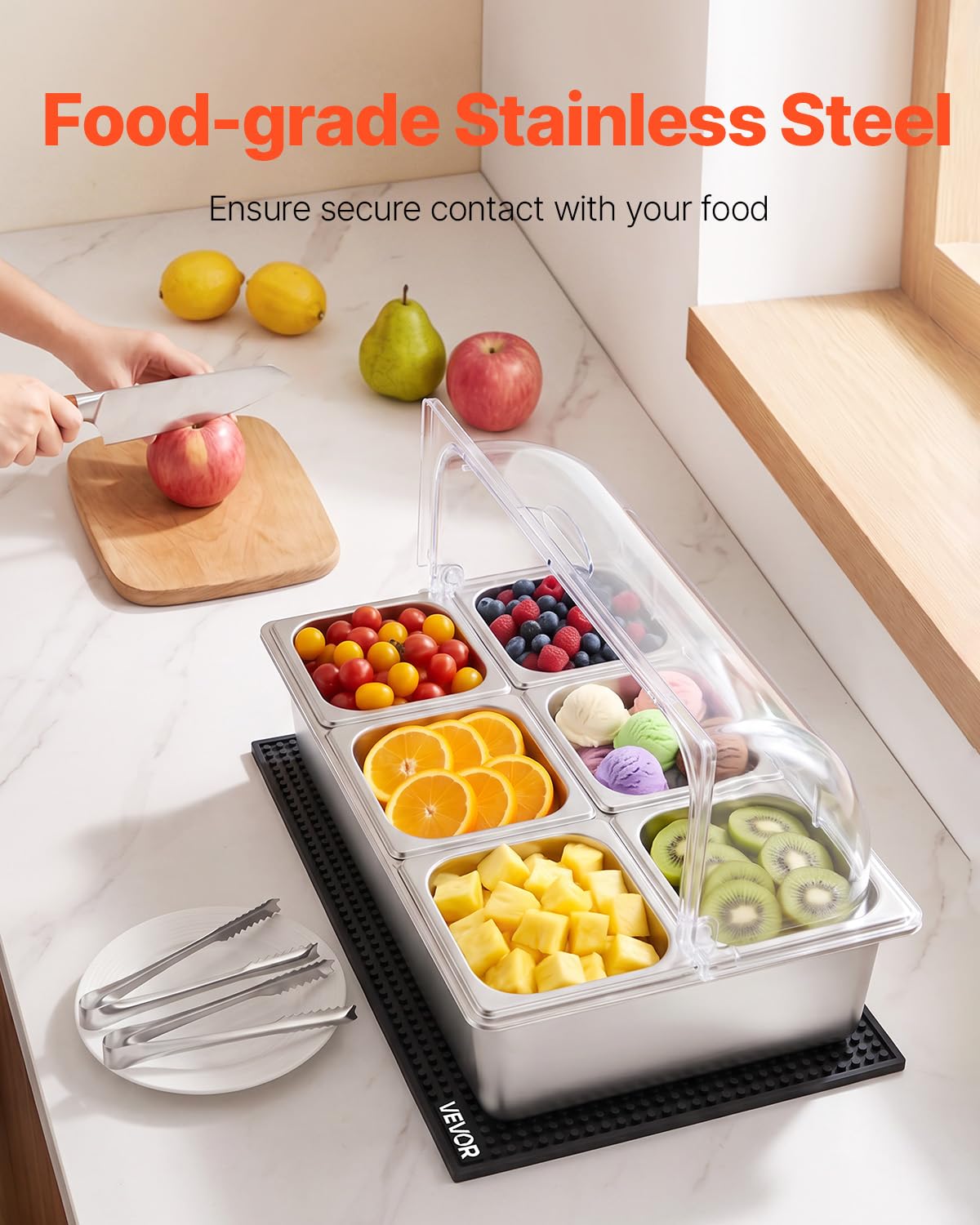 VEVOR Vetrina Refrigerata da Banco per Ingredienti, Contenitore Refrigerato 2 pezzi 6 Vaschette in Acciaio Inox per Ingredienti Alimenti Cibi da Catering Bar Hotel Buffet Freddi, Coperchio Trasparente