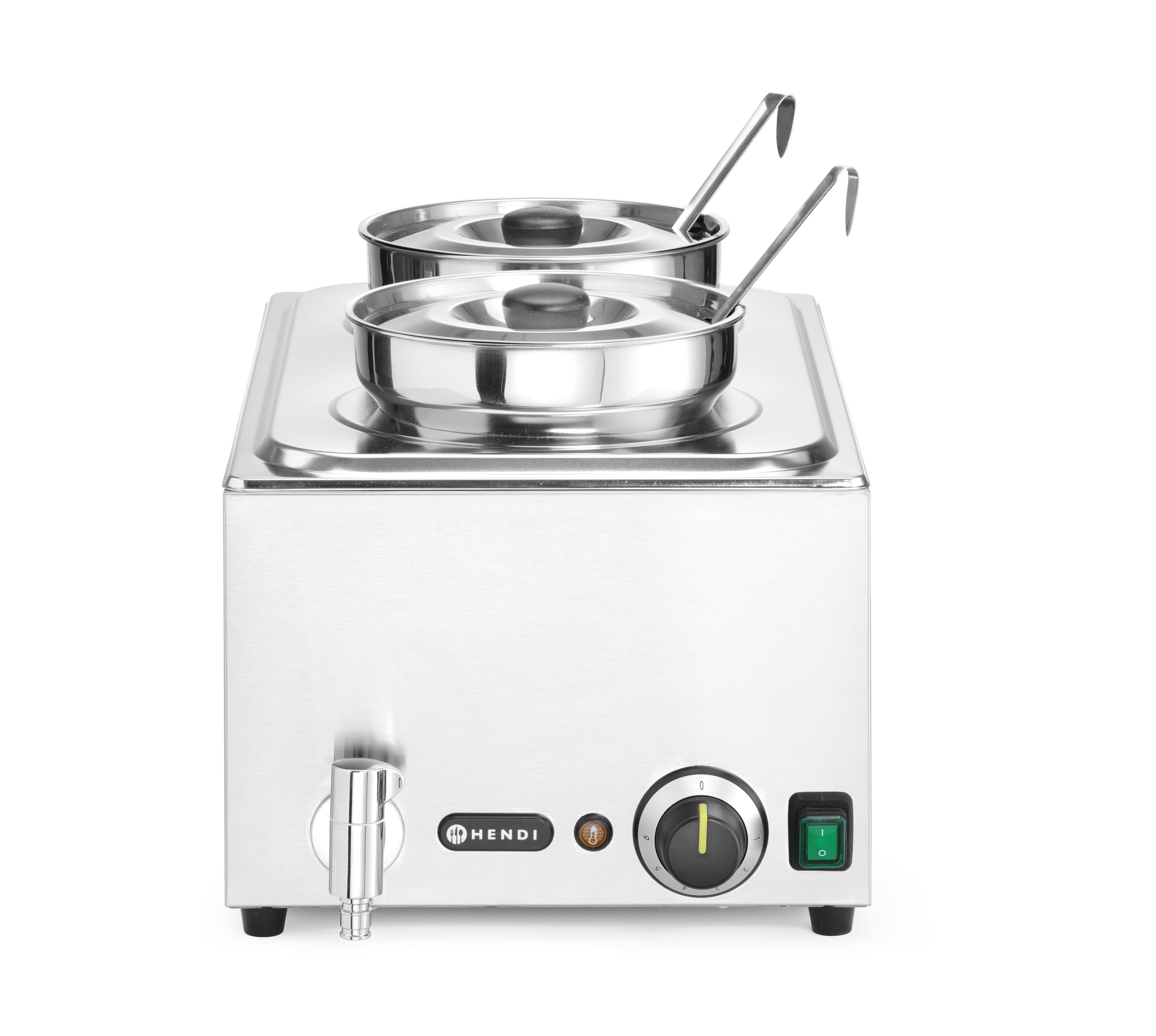 HENDI Bagnomaria elettrico, con rubinetto, scaldavivande per buffet, temperatura regolabile 30–85°C, inclusi 2 contenitori rotondi con coperchi, 8 L, 220V, 1000W, 604x332x(H)315mm, inox