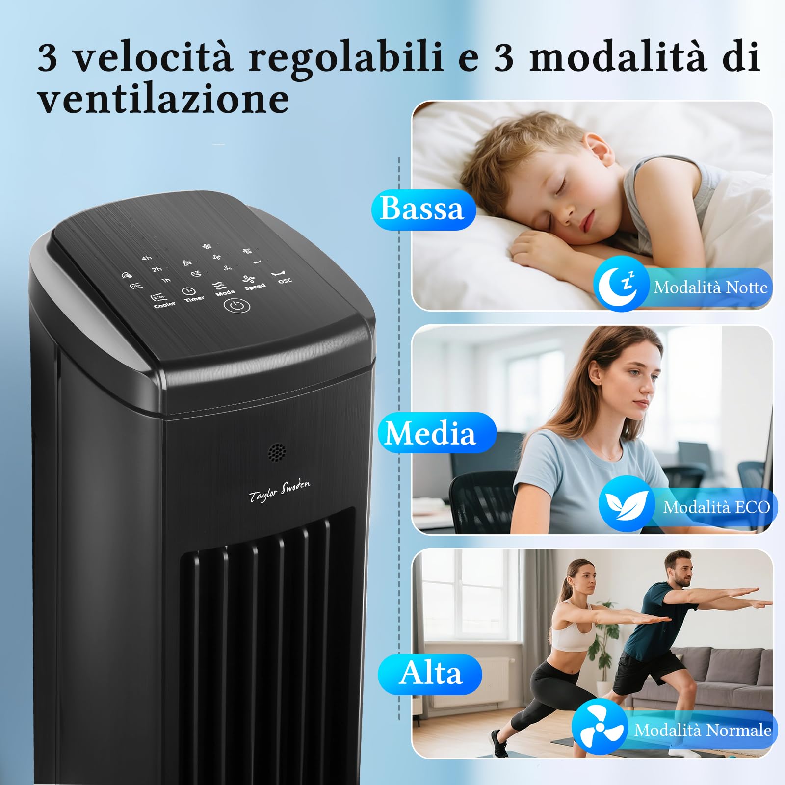 Taylor Swoden Raffreddatore d'Aria 5 in 1 con Tecnologia ION e Diffusore di Aromi, Raffrescatore Evaporativo Silenzioso 5L, Oscillazione 75°, 3 Velocità/Modalità, Timer 7h, Telecomando, Nero, 2 pezzi