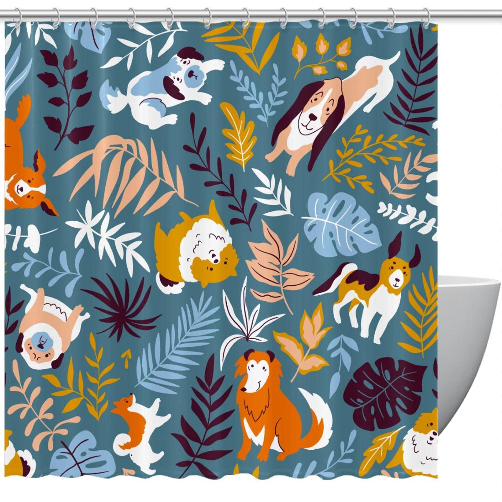 Rideau de douche imperméable motif chien bleu 168x183 cm avec crochets