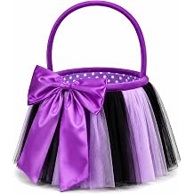 Halloween Light Up Trick or Treat Basket, LED Candy Bucket with Bowknot Tulle Skirt, Glowing Halloween Bucket for Girls, Collapsible Reusable Halloween Candy Bag for Trunk or Treat Decoration Purple
