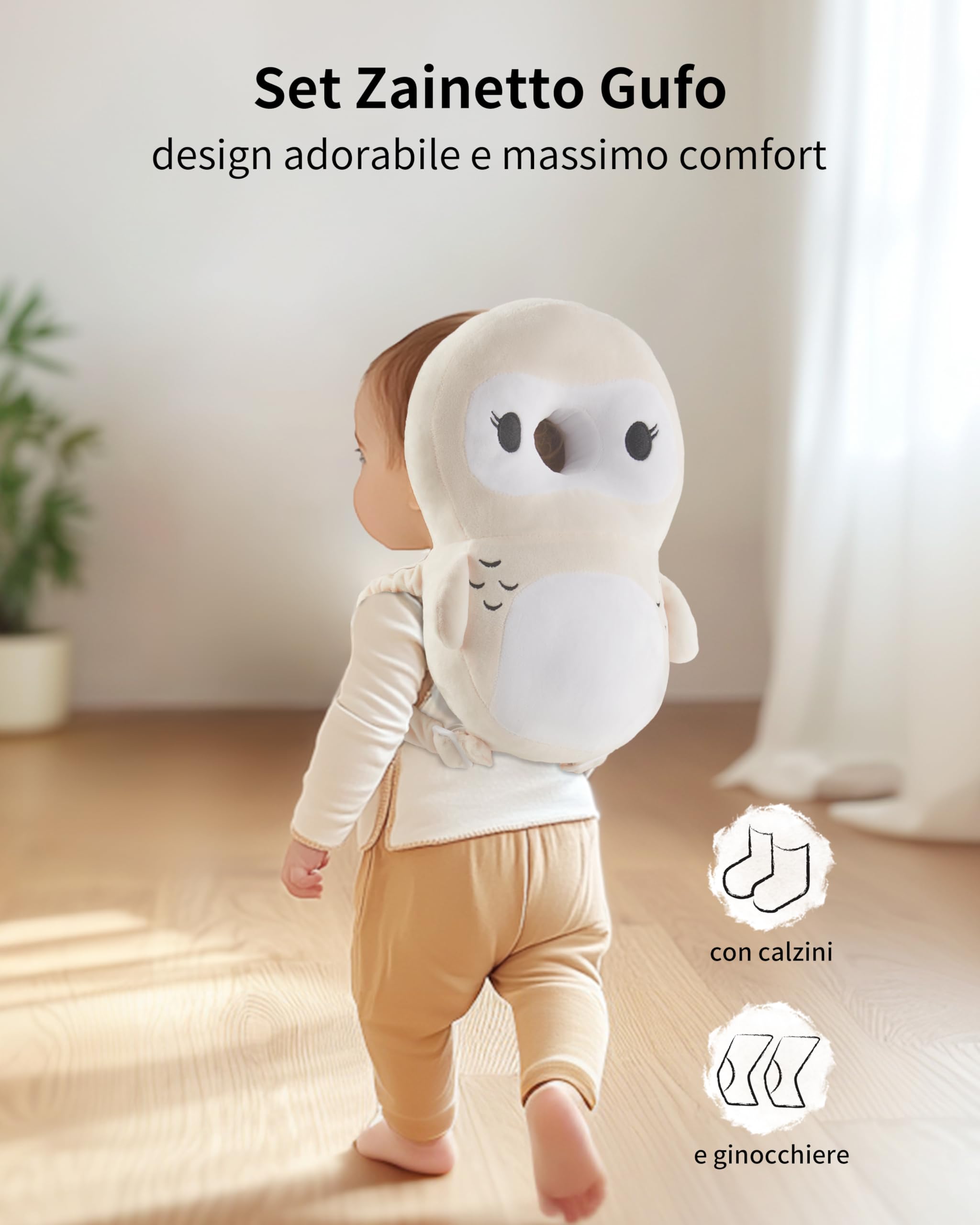 Fortella Protezione Testa Zaino Bambino Anticaduta Primi Passi 5-24M, Zainetto Protettivo Sicurezza Camminare, con Calzini e Ginocchiere Gufo