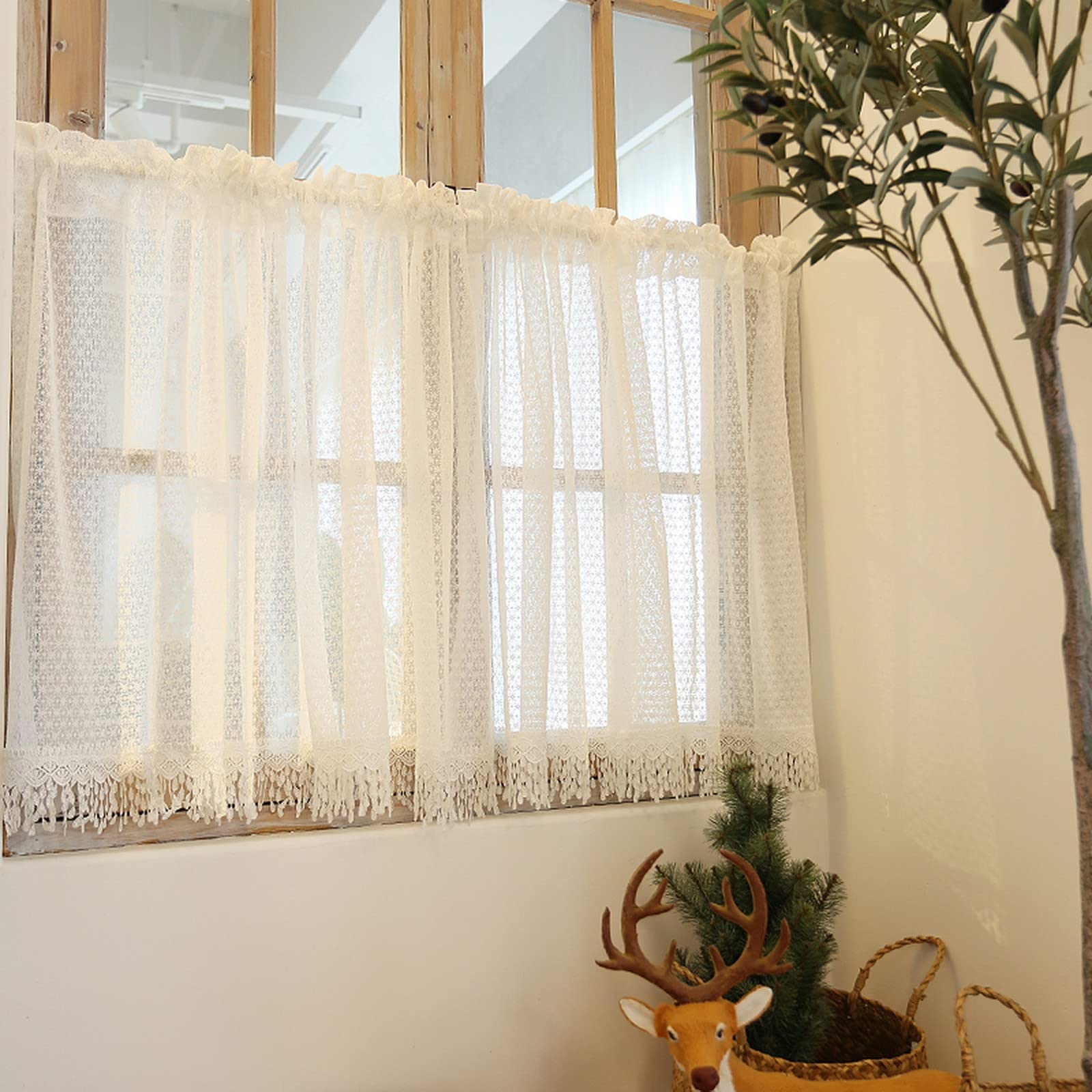 A.Monamour Gardine Scheibengardinen Kurzstores Weiße Transparente Voile Spitze Schneeflocken Textur mit Wassertropfen Quasten Kurzvorhang Kurzgardinen Küche Vorhang Fenster Kurz Stores Bistrogardine