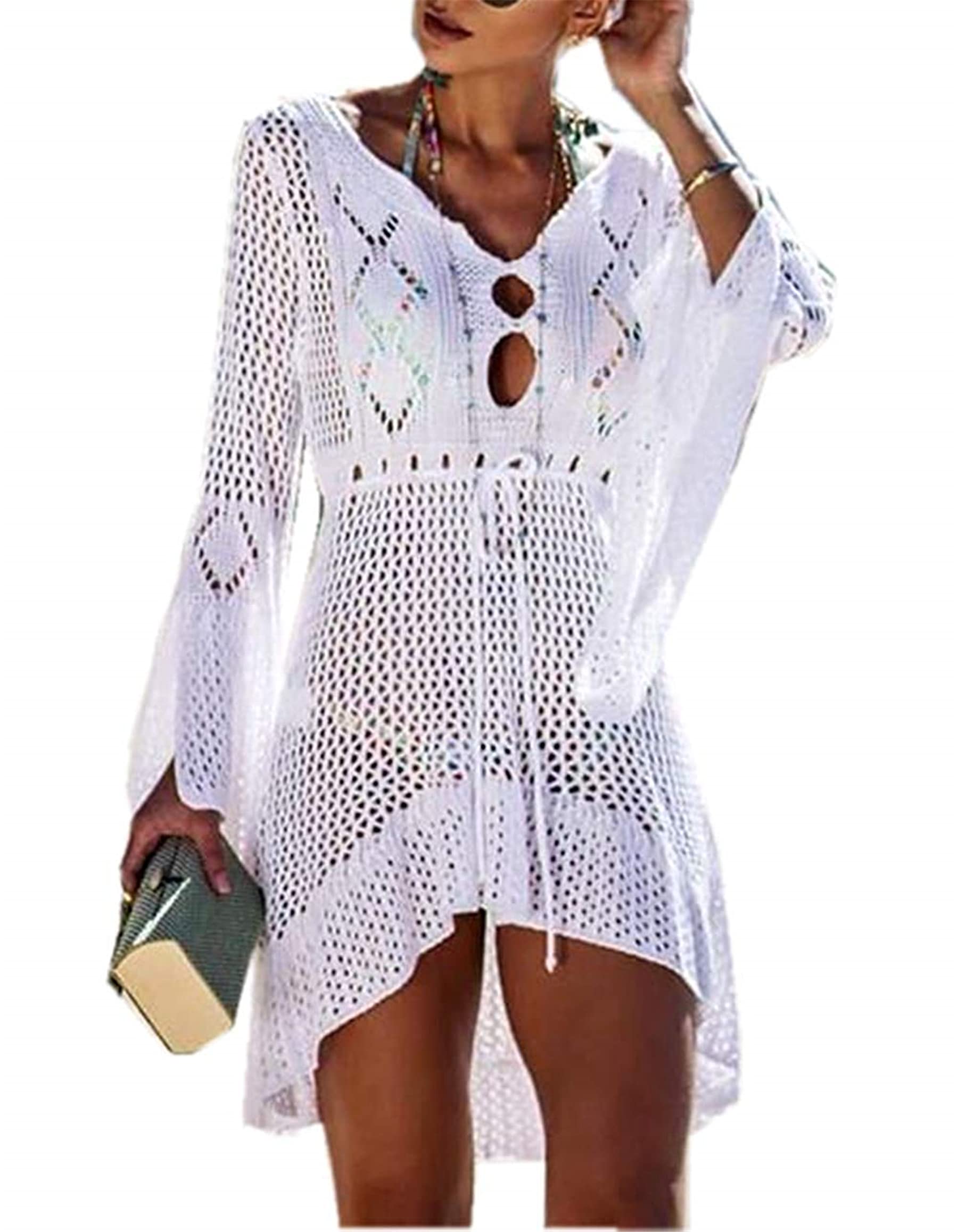 Jinsha Mujer Vestido Punto Traje Ropa de Playa Camiseta Pareos Cover ups Kimono Bikini Baño Sexy Largo Suelto Suave Cómodo V Cuello Hueco Cobertura Pareos de Playero
