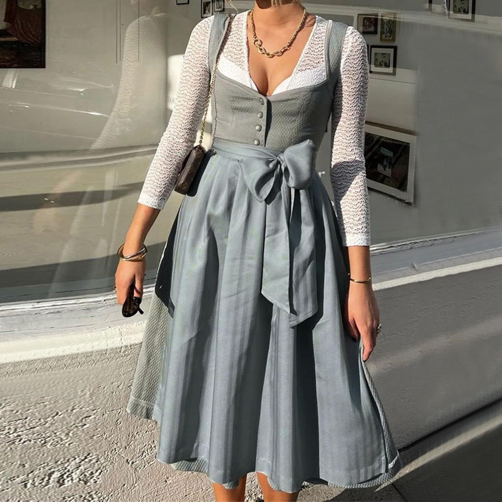 Dirndl Damen Midi Trachtenkleid Schlicht Outfit Vintage Set Elegant Kostüm Inkl. Dirndlschürze Lang Komplettsets Trachtenmode