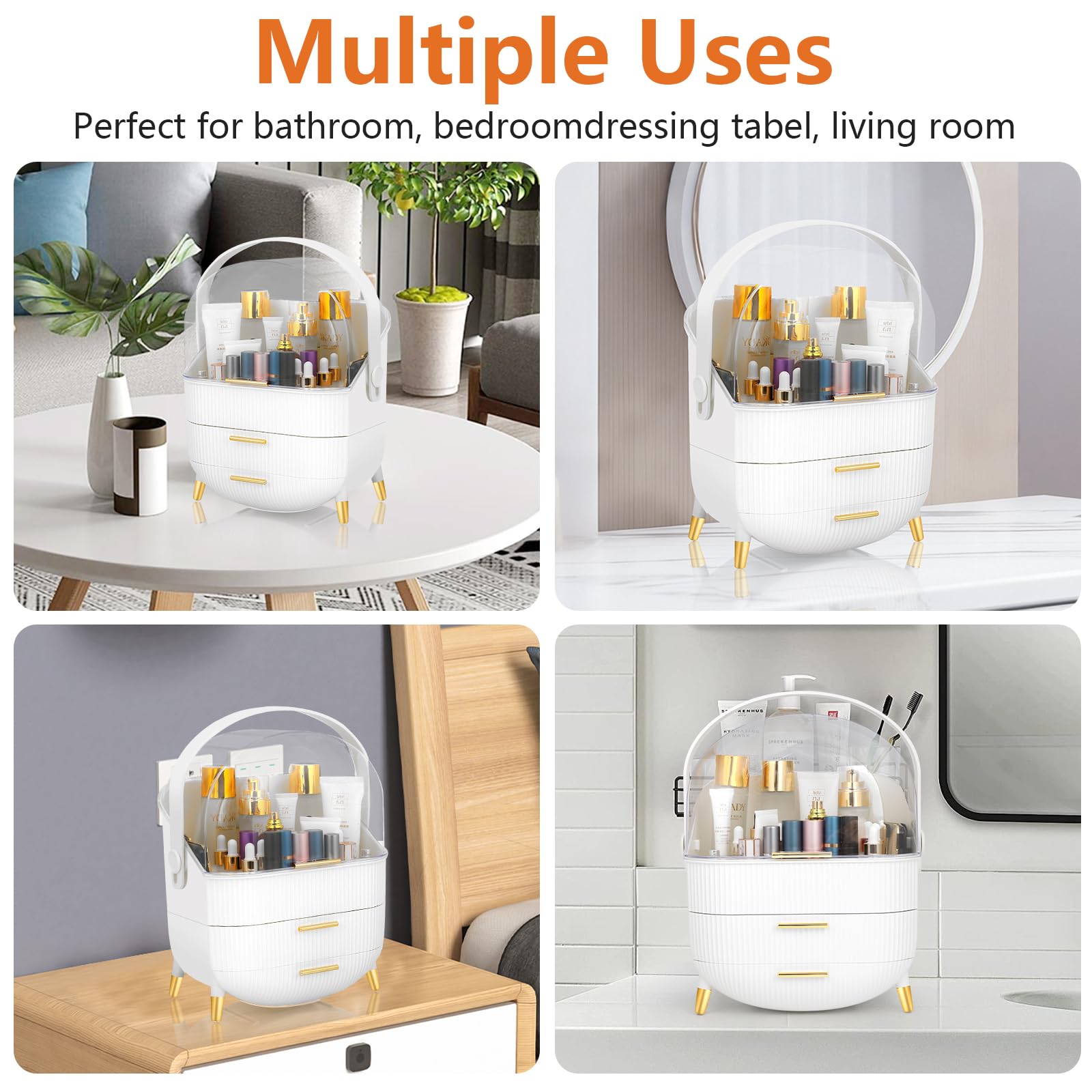 Romicta Organizzatore Cosmetici, Scatola per Makeup con 3 Cassetti e Porta Pennelli, Contenitore Trucco con Coperchio a Prova di Polvere e Acqua, Ideale per Tavolo da Trucco e Bagno (Bianco)