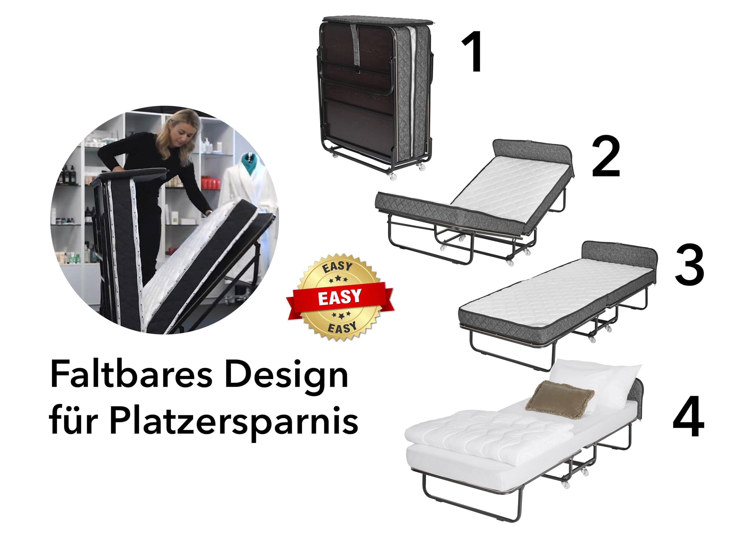 Edward Bed & Bath klappbares Gästebett mit Rollen, 90x200 cm, 14 cm Federkernmatratze (mittelfest), platzsparend, stabil und belastbar, Klappbett, grau anthrazit