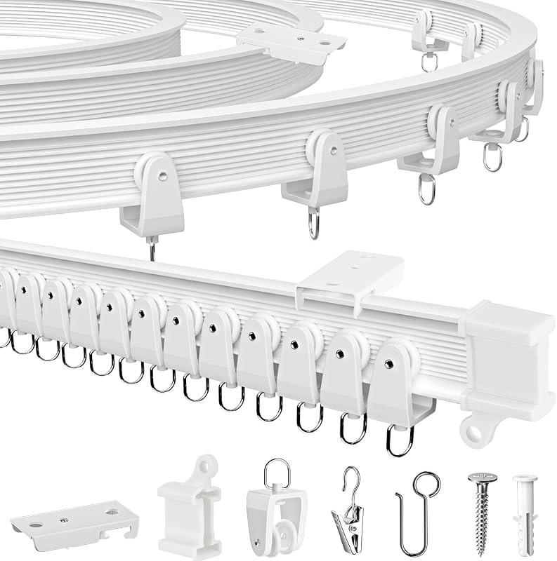 Riel flexible para cortina de techo, 16,4 pies (5 m), PVC y acero inoxidable | Diseño extralargo, privacidad para vehículos recreativos, separador de ambientes, cortina de ducha, rodillos deslizantes suaves, solución de espacio curvo, blanco