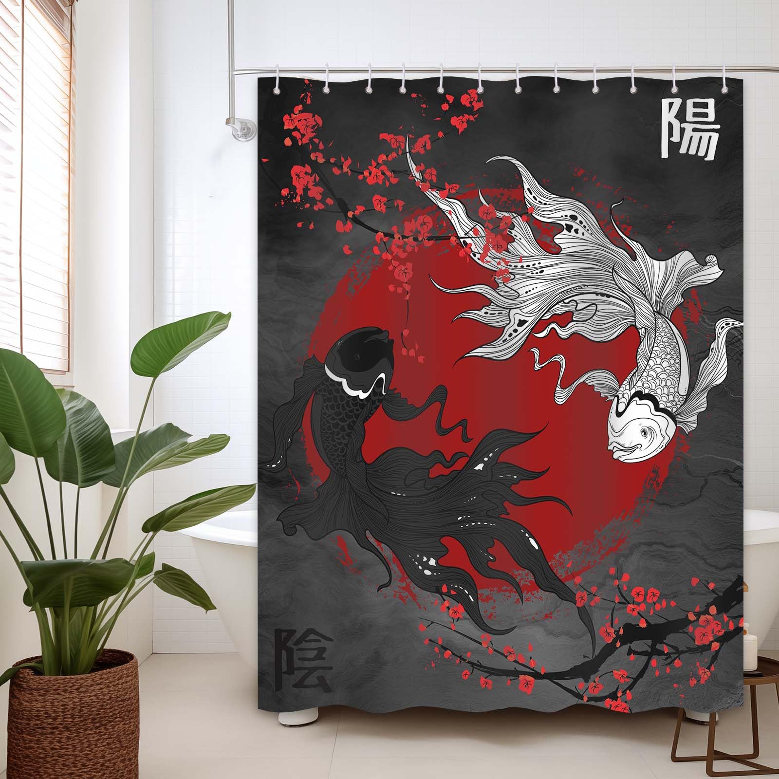 Sanzugh Yin-Yang Duschvorhang – Japanischer Anime-Koi-Fisch, 183 X 183 Cm, Mit Haken – Asiatische Kunst-Deko