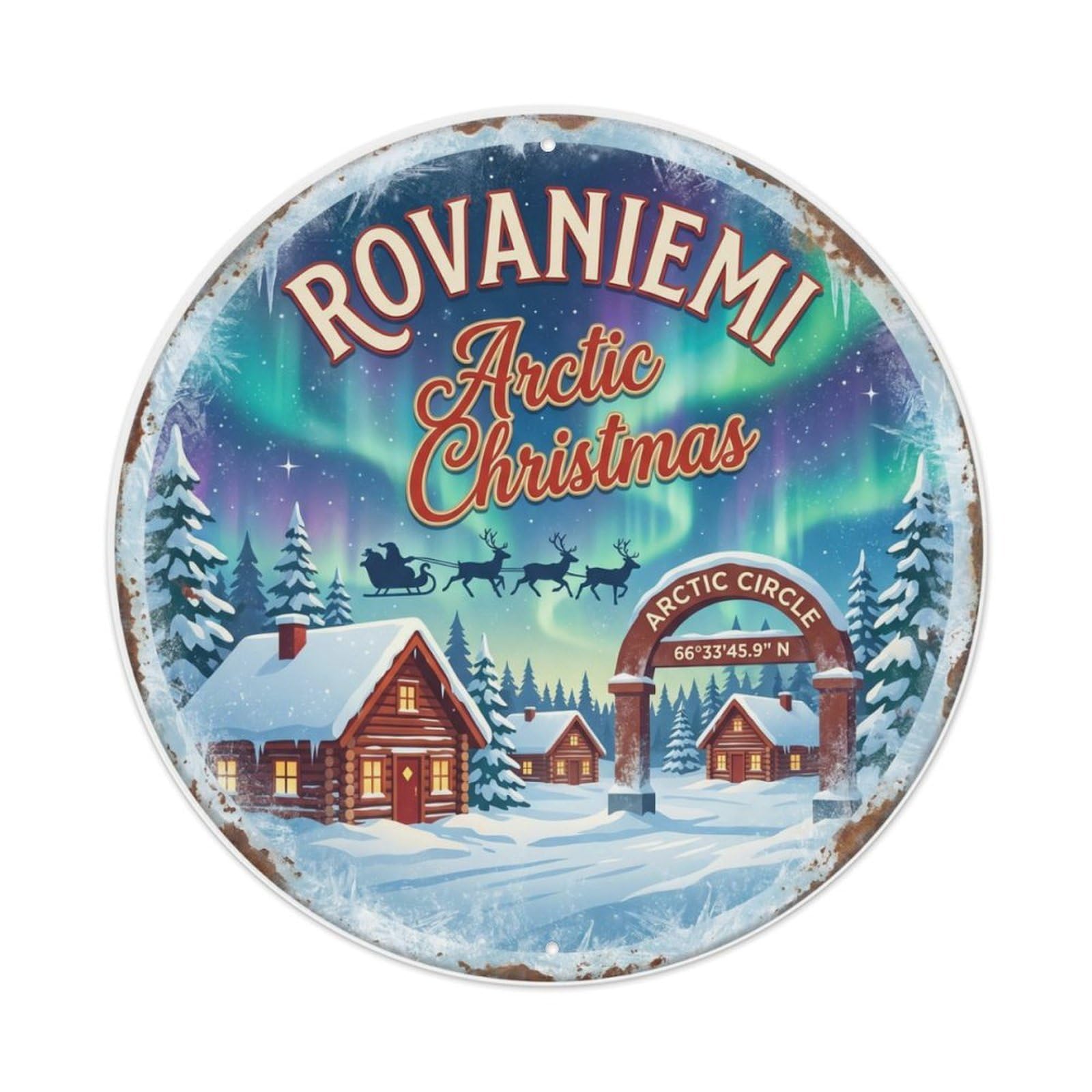 Vintage Travel Rovaniemi Village Finland Metal Tin Sign Plaque Wall Decor for Cafe, Club Bar, Office, Home Garden Round Metal Poster 8x8Inch
