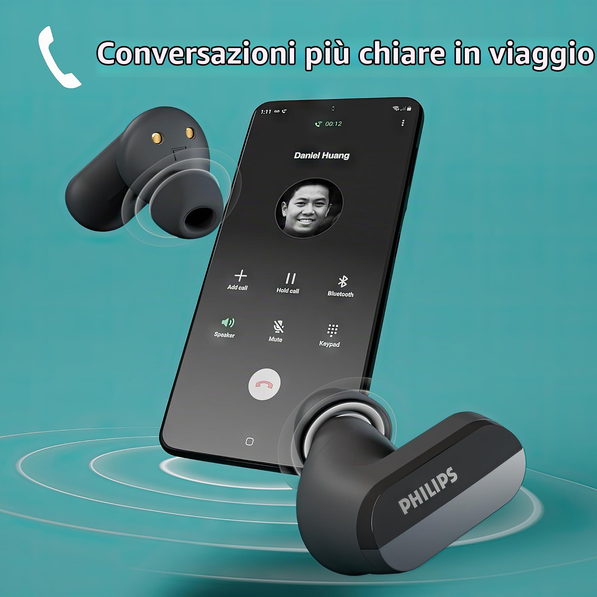 Philips TAT3508BK/00 Cuffie True Wireless | Auricolari in Silicone con Audio Naturale | Cancellazione del Rumore | Fino a 21 Ore di Riproduzione | Bluetooth | Microfono | Cavo USB-C | Nero