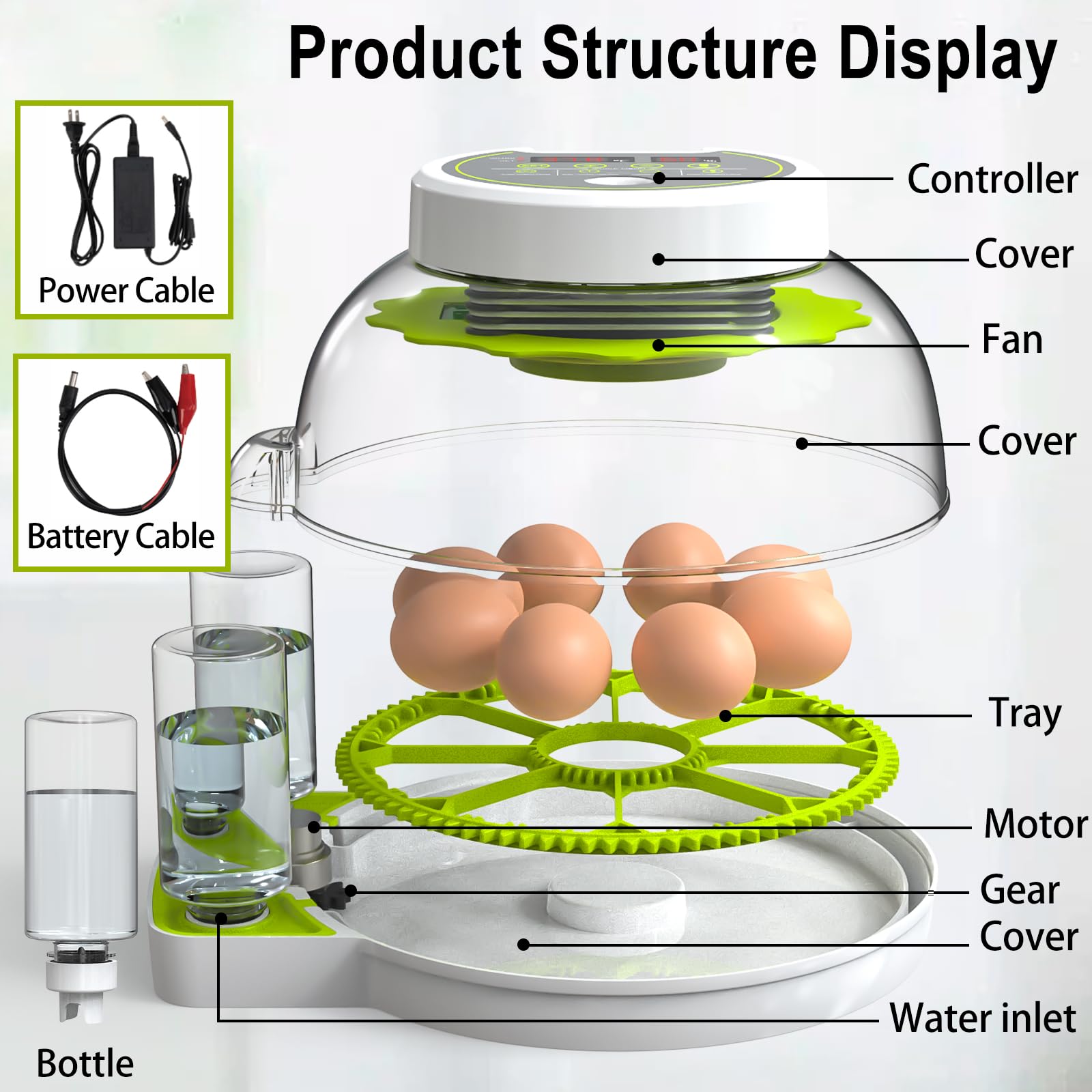 Incubatrice per uova 18/60 con display di umidità, candela per uova, tornitrice automatica per uova, incubatrice per uova di pollame, anatre, anatre, quaglie, verde