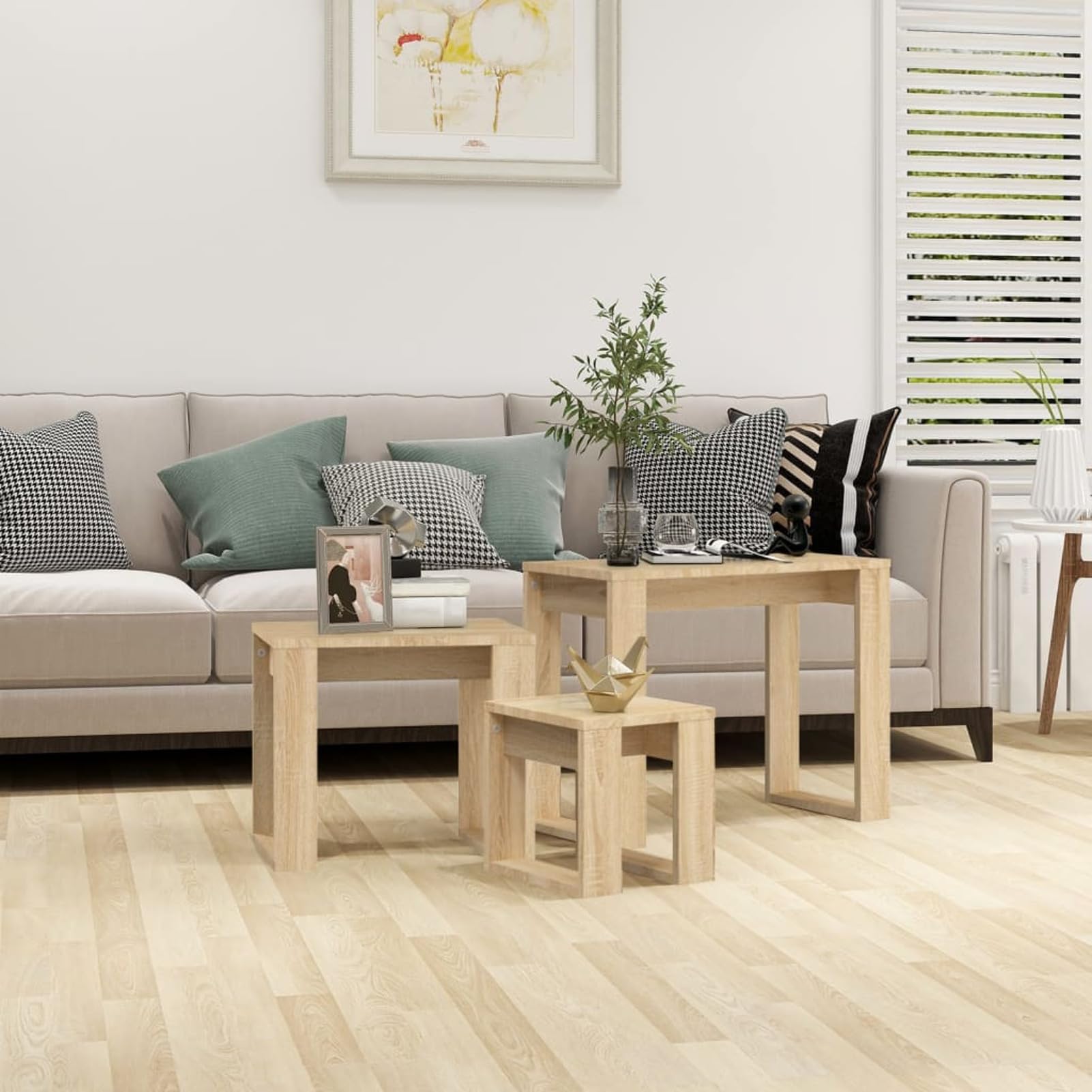 Brokky Mesas apilables 3 pzas Madera contrachapada Color Roble Sonoma Juego De 3 Mesas Auxiliares Anidadas