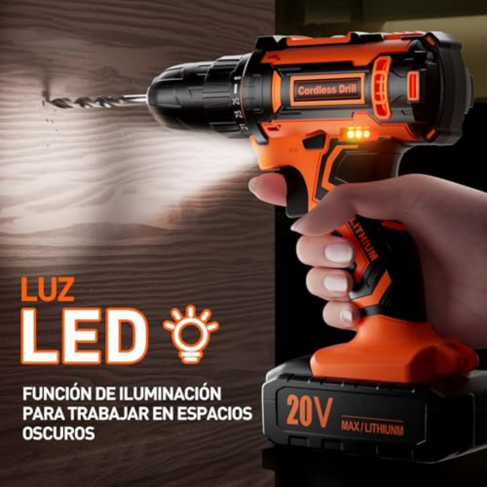 Taladro Atornillador a Batería 20V Inalámbrico, 42Nm Alto Torque, 2 Baterías Recargables 2000mAh, 25+1 Ajustes de Par, 2 Velocidades, Portabrocas 10mm, Luz LED Integrada, Juego 24 Piezas Accesorios