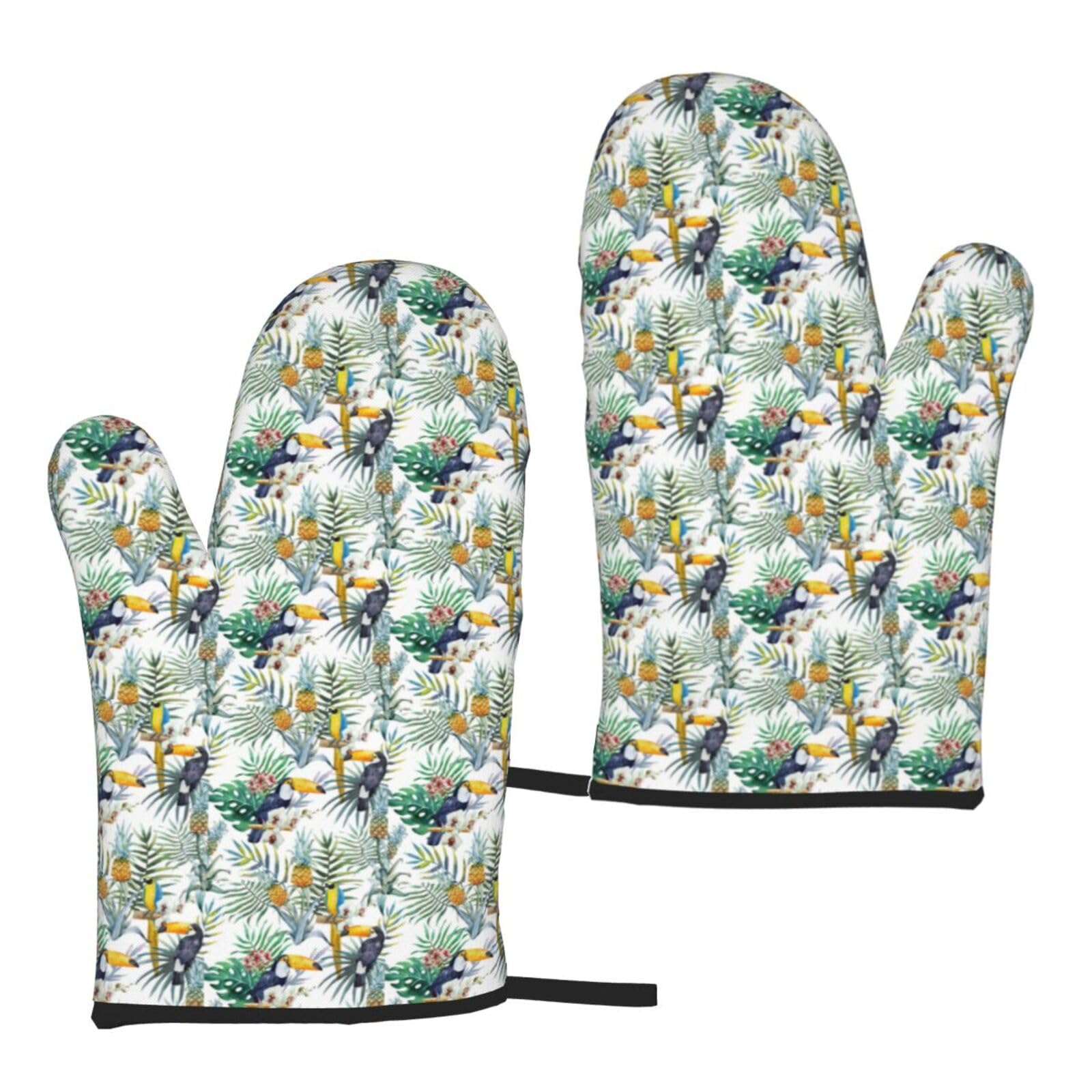 Tropical Leaves Bird Print Universal Fit Comfort Gloves Protection Heat Resistant Oven Kitchen Baking Grilling