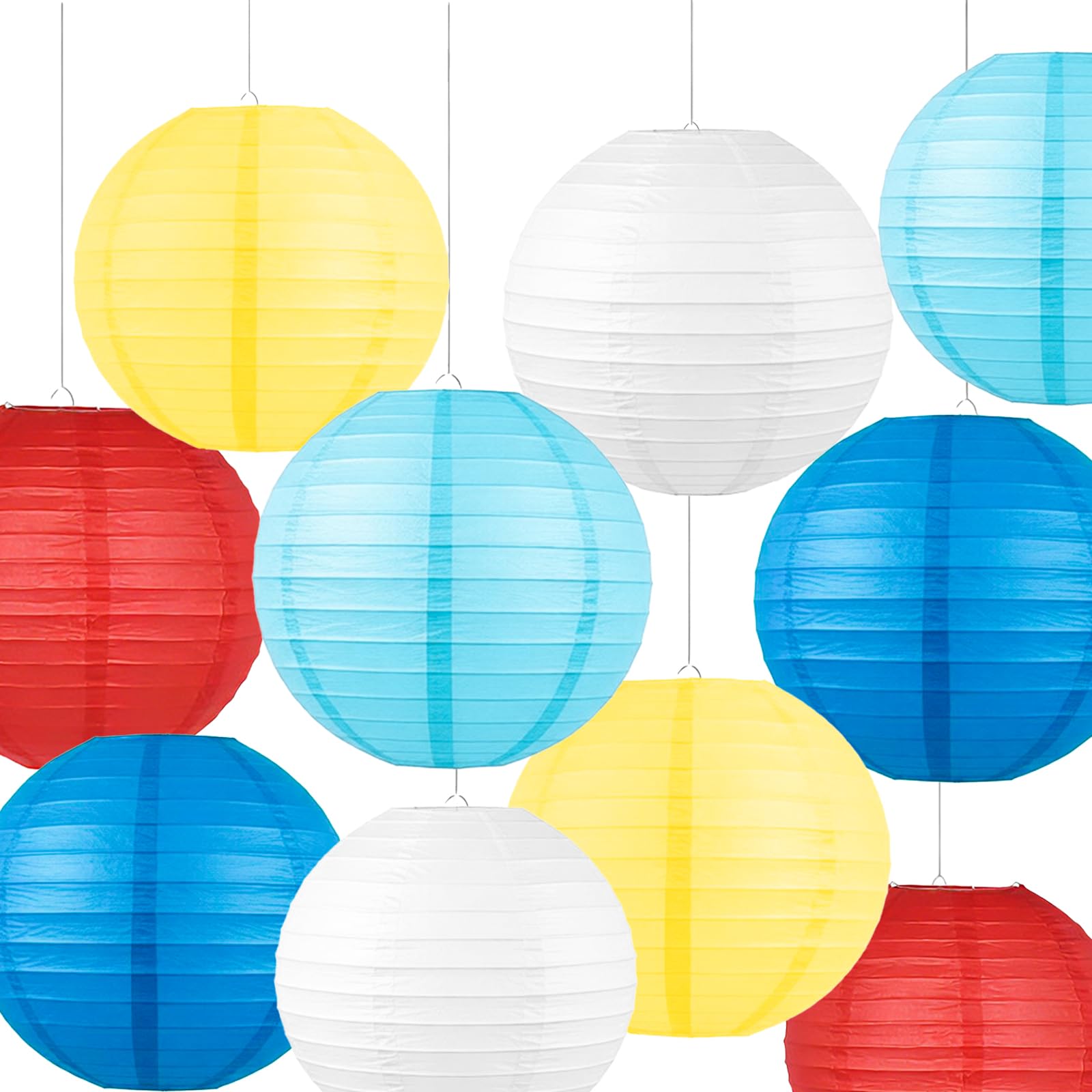 Vsosfiza Paper Lanterns, 10Pcs Hanging Lantern Decorations, Red Yellow White Light Blue & Blue Round Paper Lanterns for Birthday, Circus, Classroom Party Decor