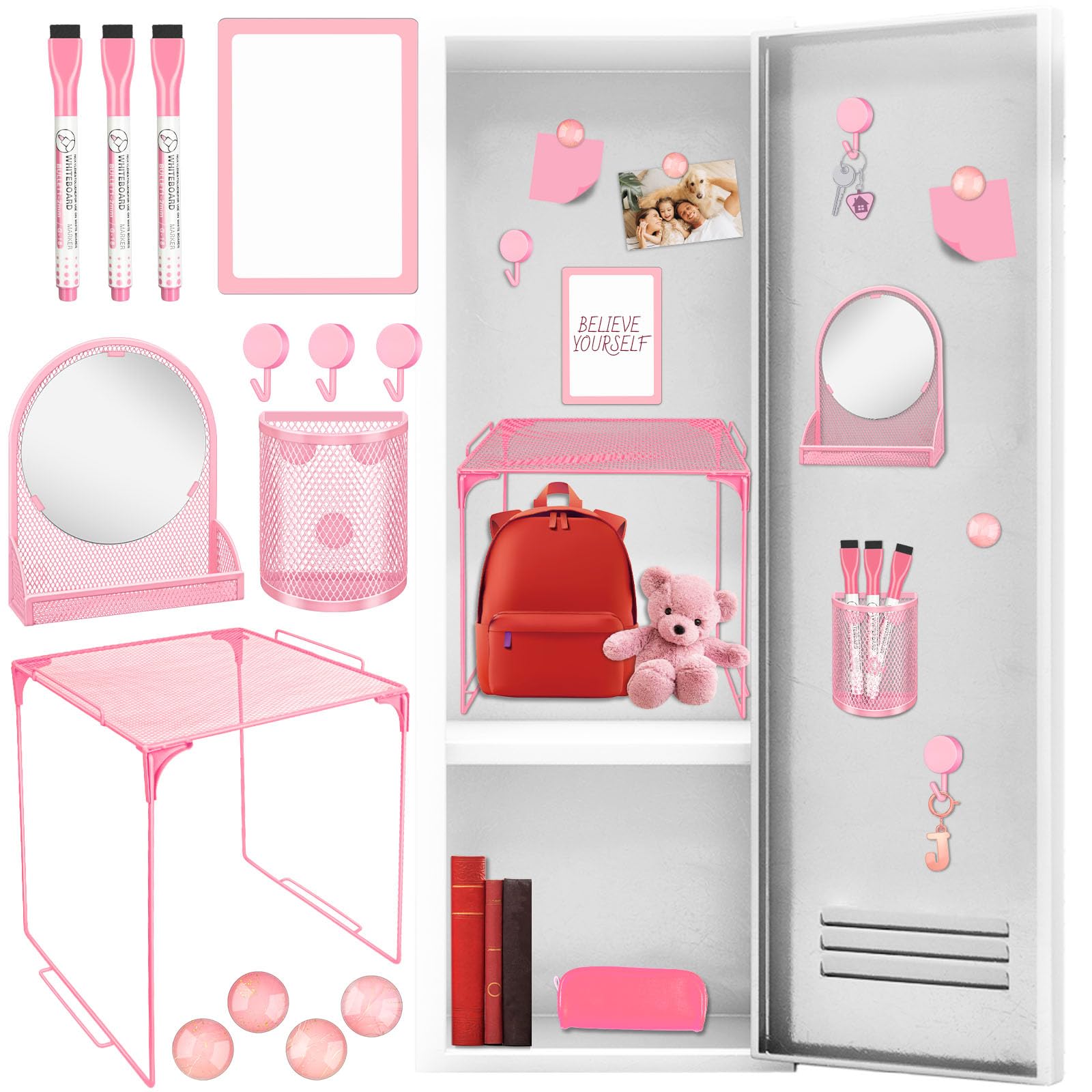 Kit d'accessoires de casier magnétique rose 12 pièces, fournitures de bureau indispensables