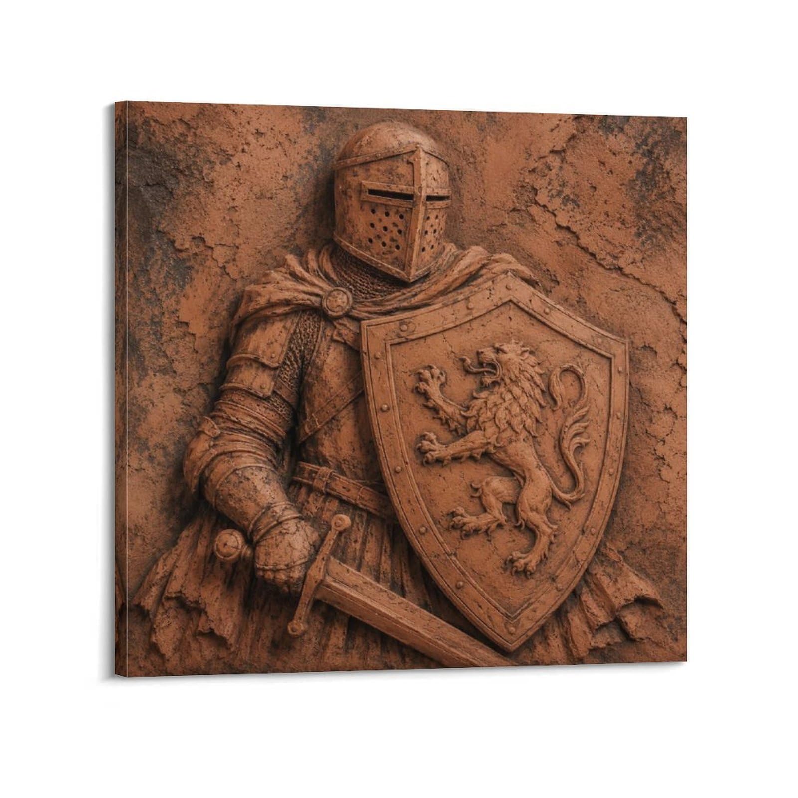 XKUGA Medieval Knight Terracotta Poster Lion Shield Armor Sculpture Modern Decorative Canvas Prints - Ideal Wall Art for Family, Man Cave, Game Room, Boys & Girls Bedroom 12x12inch(30x30cm)