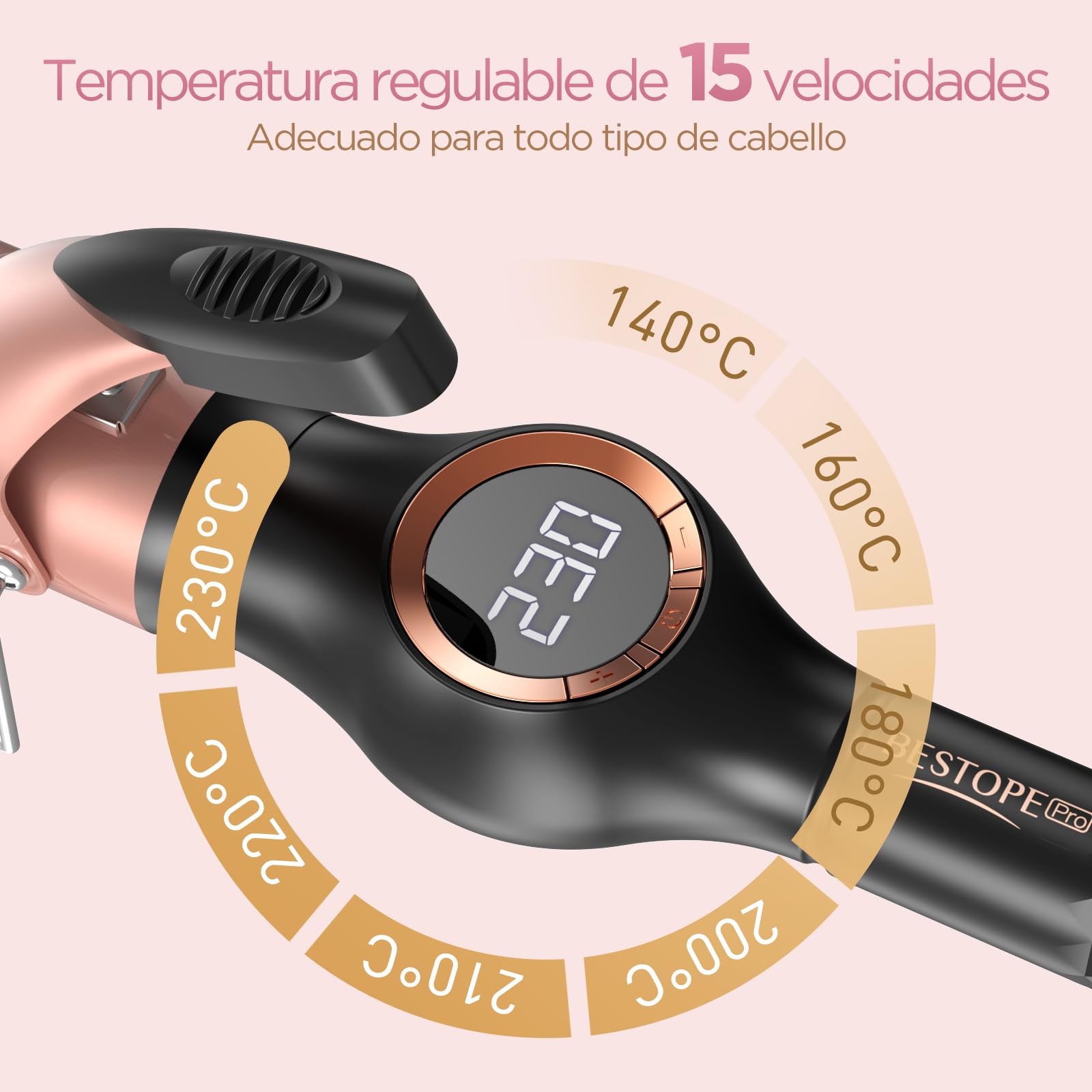 BESTOPE PRO Rizador Pelo Ondas 32mm, Rizador de Pelo para Rizos Grandes,Multi-Temperatura Seleccionable, Tenacillas para Rizar el Pelo con Calentamiento Rápido y Gran Pantalla LCD, Oro Rosa