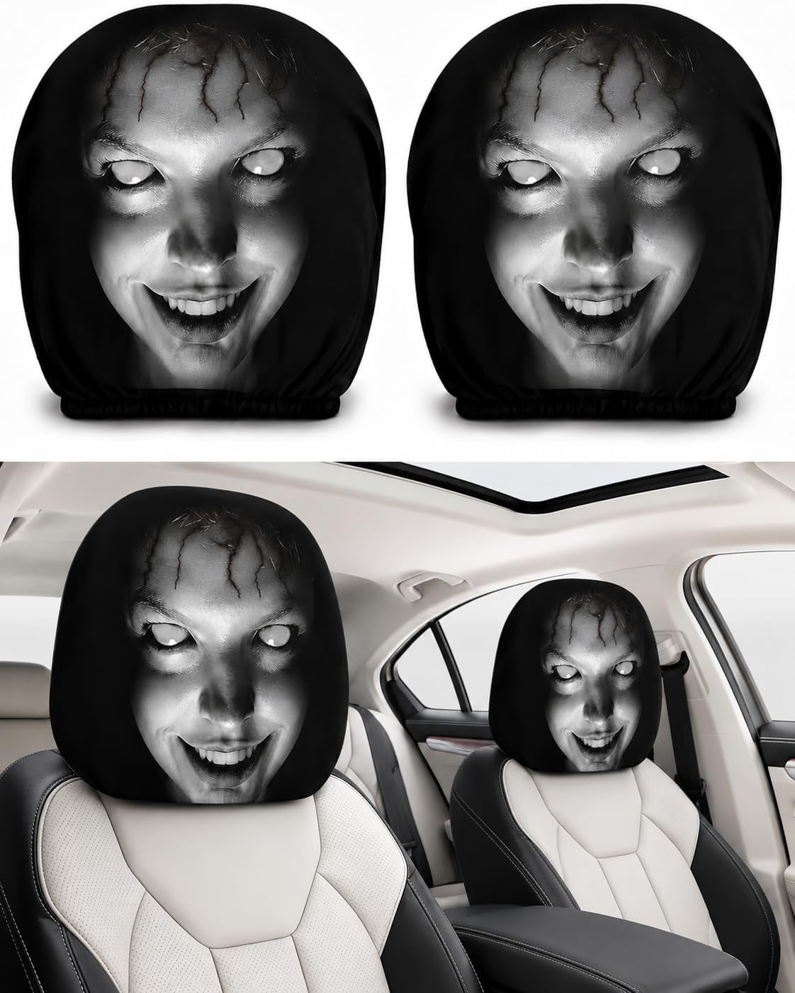 2 Pack Halloween Ghost Face Headrest Covers for Cars, Spooky Auto Interior