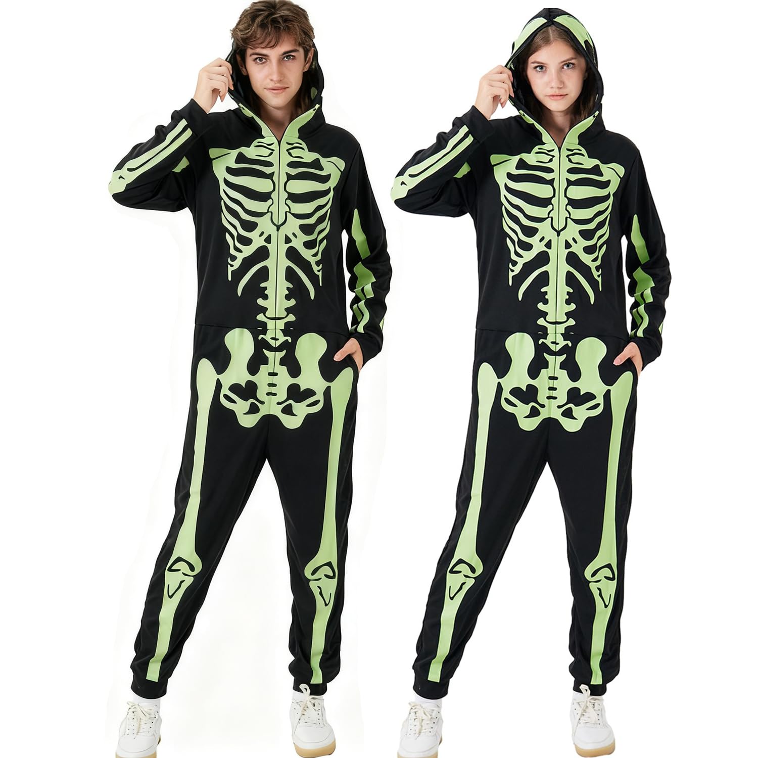 Disfraz unisex de esqueleto para adultos, overol de pijama que brilla en la oscuridad con cremallera y capucha para Halloween