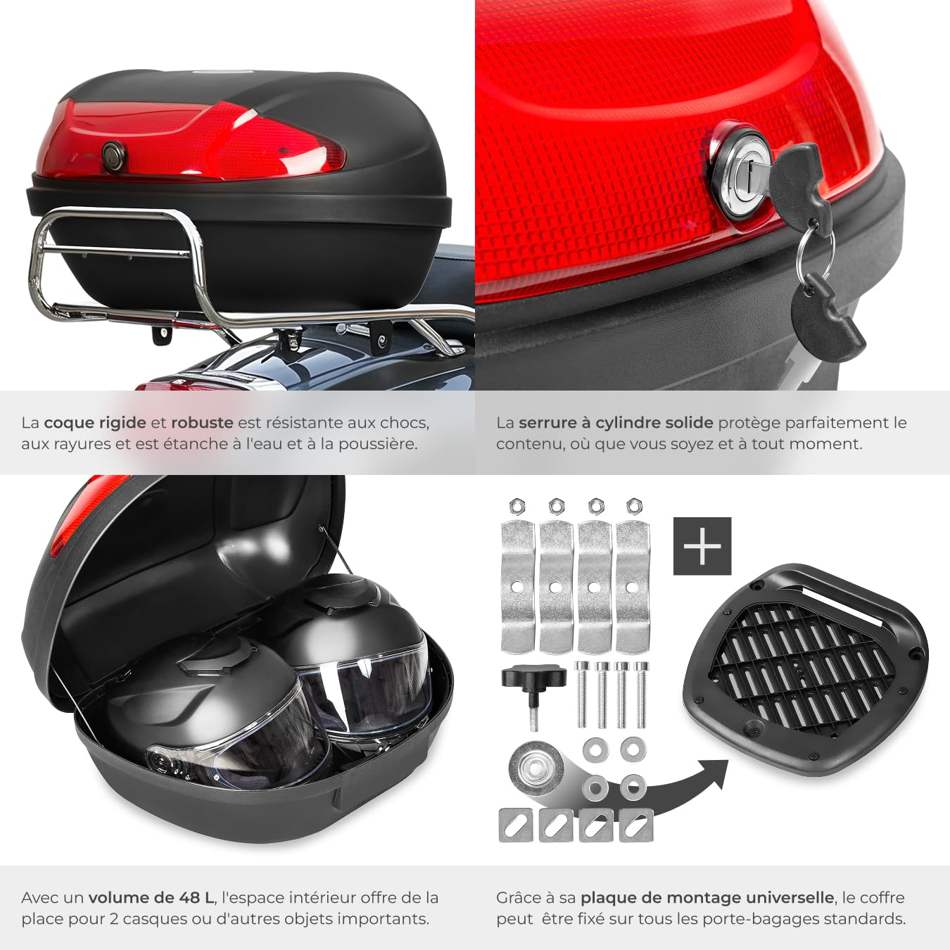 tectake® Top Case Universel XXL pour Moto Scooter Quad Buggy Mobylette avec Kit de Fixation et 2 Clés de sécurité, Réflecteur extralarge, 48L, Casque Moto ou Casque Scooter, Coffre Quad