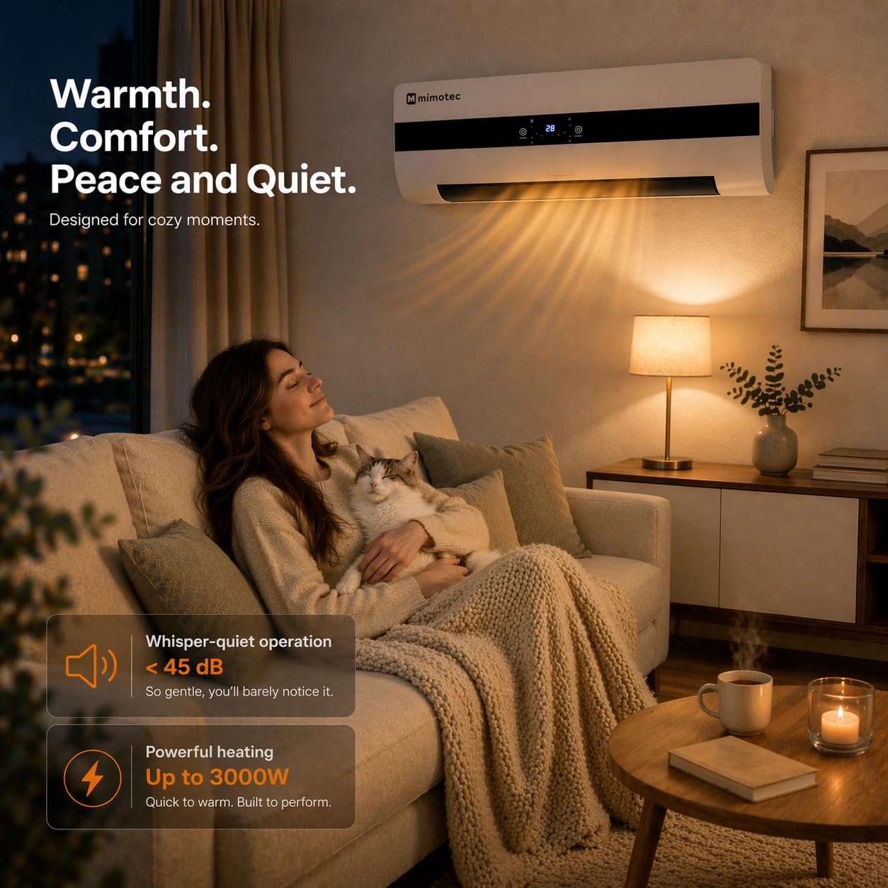 M Mimotec – Termoventilatore ceramico da parete Dad 3000W, silenzioso <45 dB, con telecomando, display LED, timer e griglia oscillante, protezione IPX2 e contro il surriscaldamento