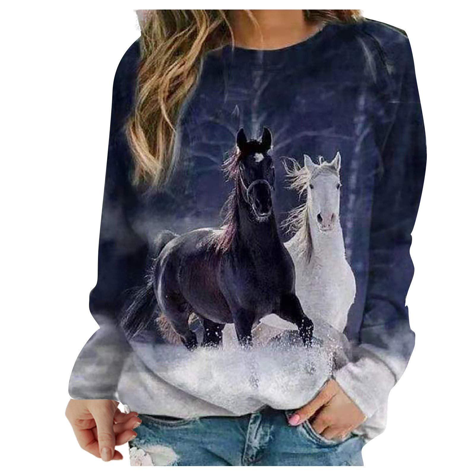 Sweatshirt Femme Chaconka - Imprimé Cheval Manches Longues Décontracté