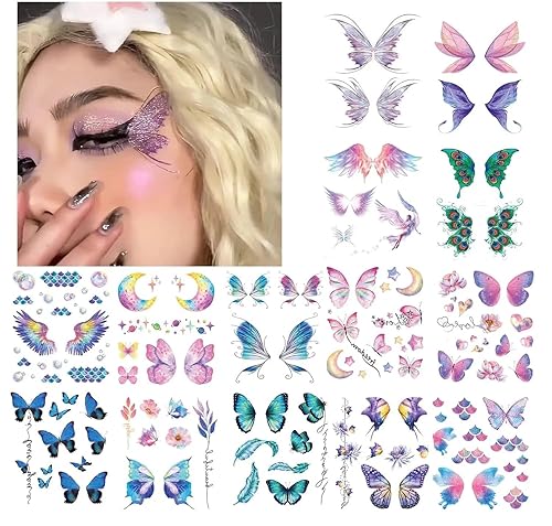 Butterfly Face Tattoo Sticker for Women – Temporary Eye Tattoo Makeup Decal with Glitter Fairy Wings – Waterproof Reusable Eye Makeup Tattoo for Party, Festival, Cosplay (PURPLE)(PURPLE)