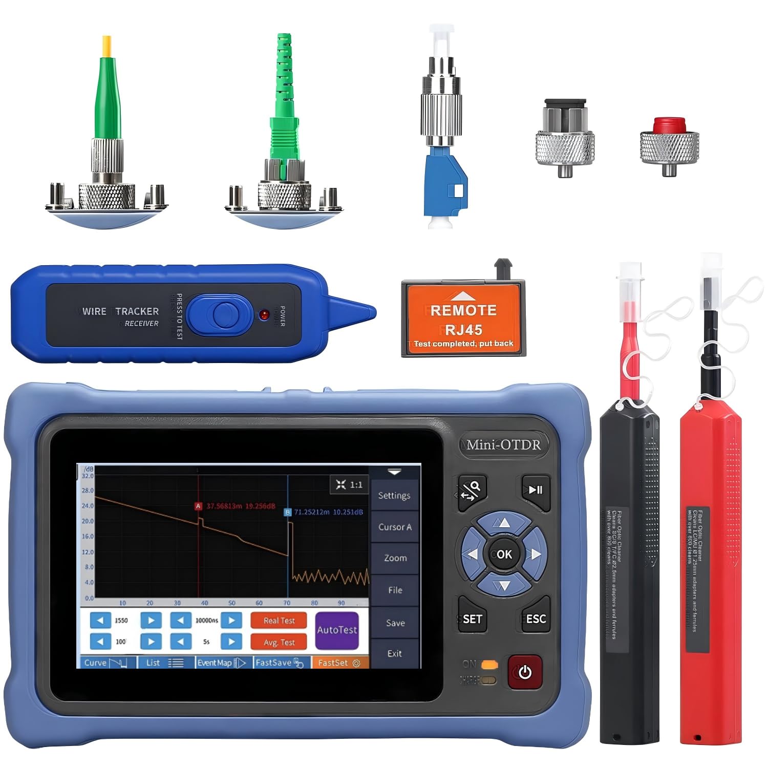 Mini-Pro OTDR 1310/1550nm Multi Functional SM Fiber Tester A-800A 24/22dB with 4.3 inches Touchable Screen Built-in OPM/OLS/RJ45 Function SCAPC FCAPC Connector with SC/LC Cleaner Pen-image-5