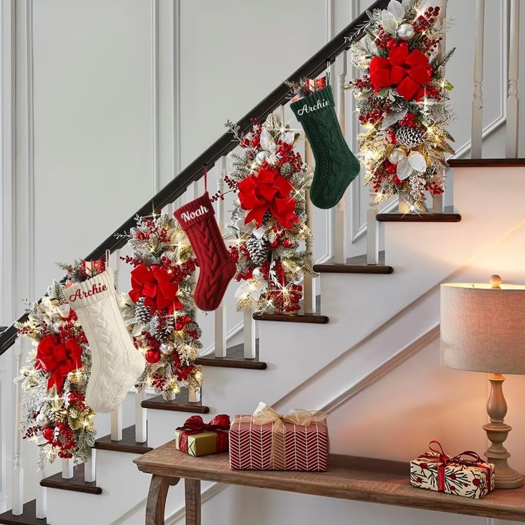 Calcetines Navidad Chimenea - 46cm Medias de Navidad con Nombre del Bordado para Colgar, Medias de Navidad Personalizadas, Idea Regalo para Decoracion Navidad Hogar, 4 Pieza
