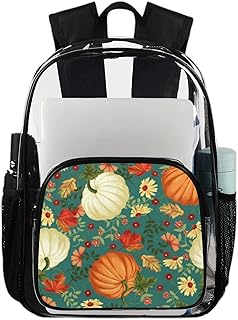 Mochila transparente de Dia das Bruxas de Ação de Graças, Mochilas para serviço pesado, Abóboras Floral Impermeável Transparente Mochila PVC Transparente com alça de ombro reforçada para escola, trabalho, viagens, Multicor