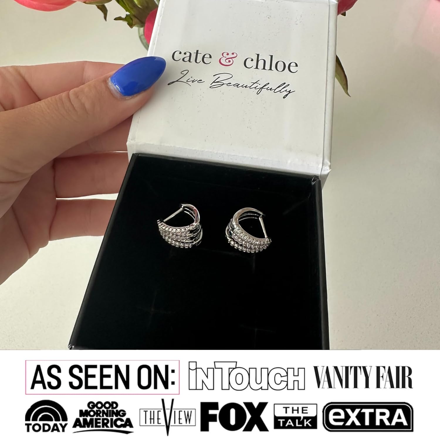 Cate & Chloe Aliyah 18k White Gold-Plated 14mm Pave Huggie Hoop Earrings with Round Cut Simulated Diamond Crystals, Small Silver Hoops for Women, Gift for Her on Christmas, Birthday, and Anniversary