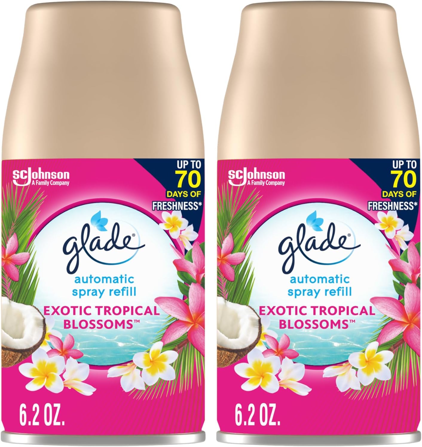 Glade Automatic Spray Refill, Exotic Tropical Blossoms, Scented Air Freshener for Home and Bathroom, 6.2 Oz, 2 Count