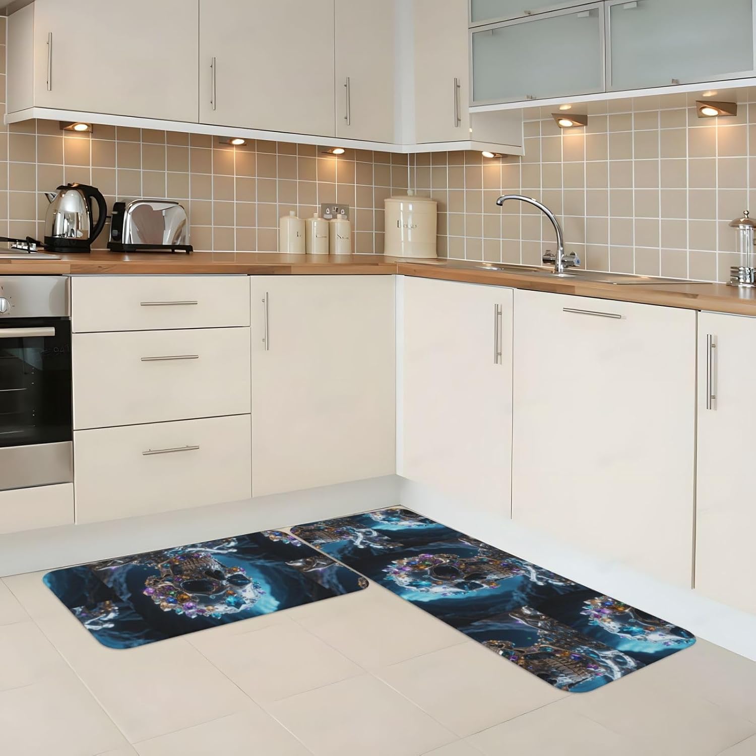 Magic Crystal Metal Skull Kitchen Rugs Set of 2, Cushioned Anti-Fatigue Kitchen Mats for Floor, Waterproof Comfort Standing Mat Absorbent Velvet Kitchen Runner Rugs 17"x30"+17"x47"