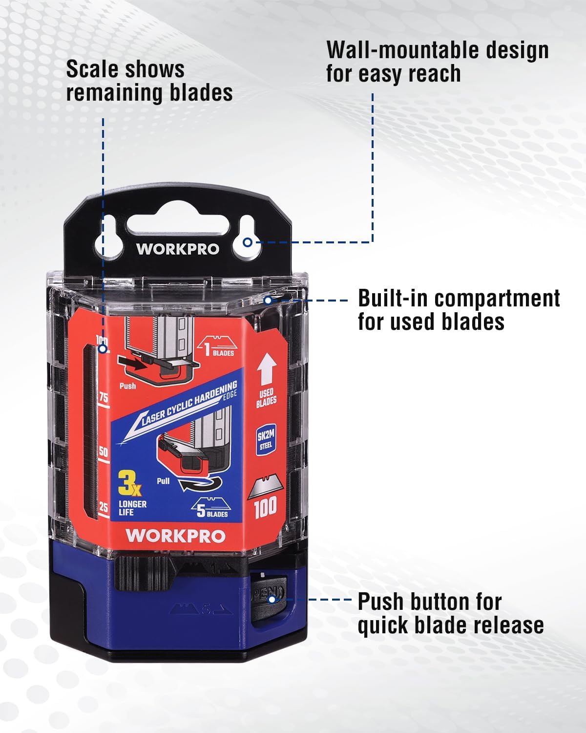 WORKPRO Utility Knife Blades 100-Pack, SK2M Steel Ultra Sharp Razor Blades with Dispenser, Replacement Blades for Box Cutters, Fits Most Standard Utility Knives