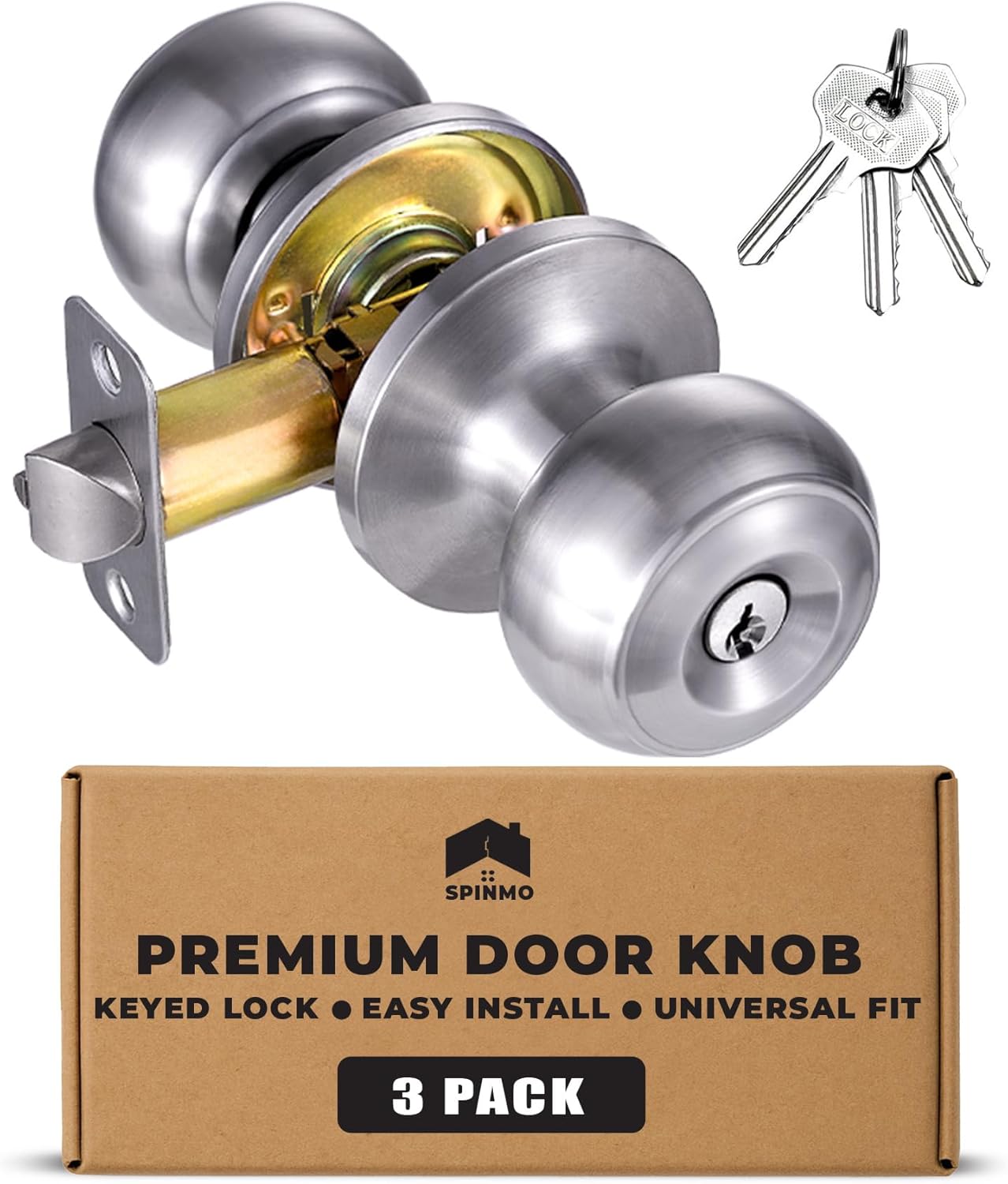 Door Knob with Keyed Lock Easy Install Brass Door Knobs Interior Exterior Safe Secure Entry Satin Brass Universal Fit Brushed Door Knob Closet Bedroom Bathroom Polished Elegant Design (Silver, 3 pack) Door Knob with Keyed Lock Easy Install Brass Door Knobs Interior Exterior Safe Secure Entry Satin Brass Universal Fit Brushed Door Knob Closet Bedroom Bathroom Polished Elegant Design (Silver, 3 pack)