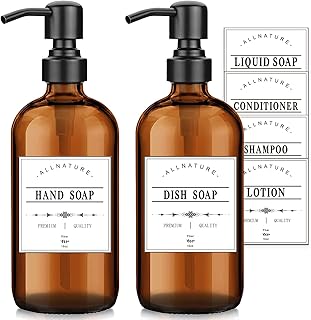 Soap Dispenser 2 Pack 16OZ Amber Glass Soap Dispenser with Stainless Steel Pump Hand Soap Dispenser and Dish Soap Dispenser for Kitchen Soap Dispenser Bathroom with Waterproof Labels