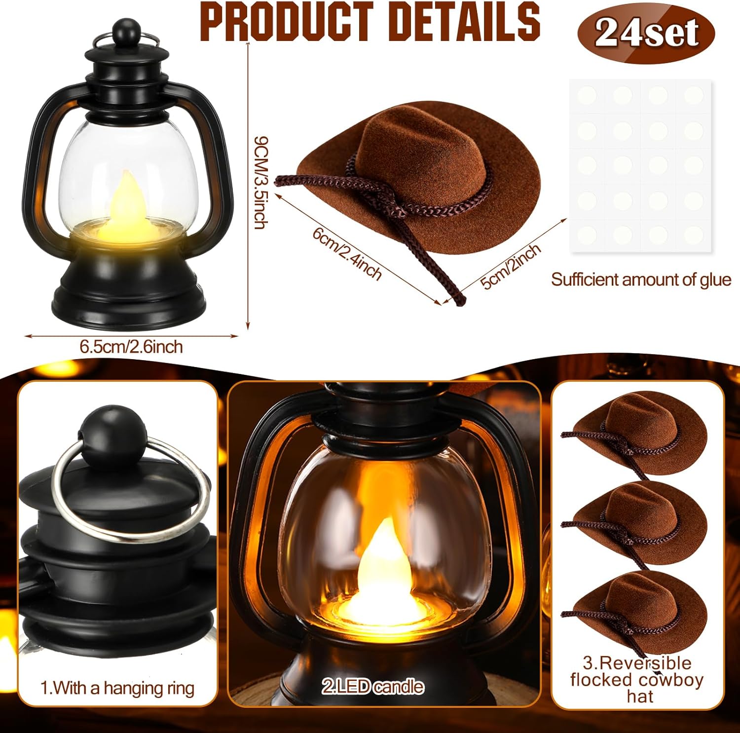 Ferraycle 24 Pcs Mini Cowboy Hats Lantern Decoration Western Cowgirl Lantern with LED Candle Small Brown Hanging Decor Rustic Camping Table Centerpieces for Wedding Birthday Party Supplies