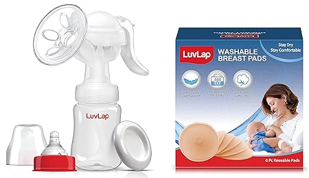 LuvLap Manual Breast Pump, 3 Level Suction Adjustment, Soft & Gentle, BPA Free & LuvLap Washable Breast Pads, Pack of 6