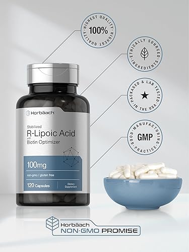 Miniatura 6 de Horbaach - Ácido R-lipoico 100 mg 120 cápsulas con optimizador de biotina Sin OMG, sin gluten Suplemento estabilizado de ácido R-lipoico