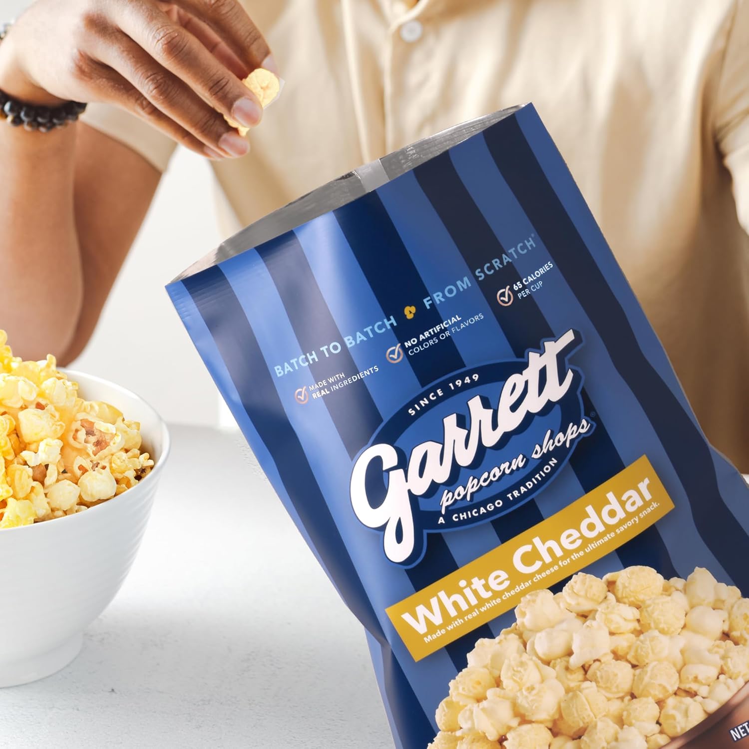 Garrett Popcorn White Cheddar, 5.0oz, 4 Bags, White Cheddar Gourmet Popcorn, Gluten Free, Savory Snack, Popped Popcorn Bags