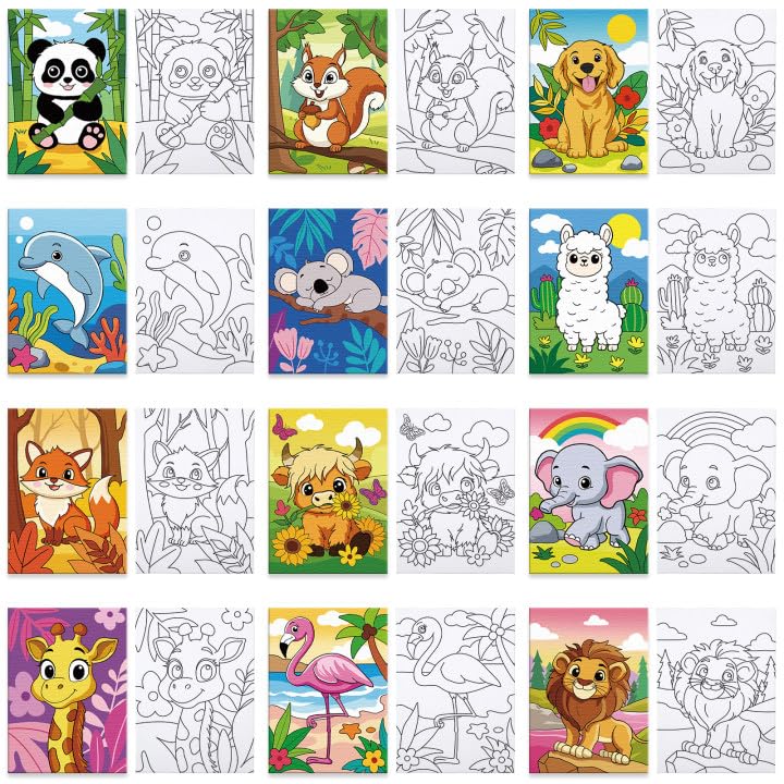 Louise Maelys Pre Drawn Canvas to Paint for Kids - 12 Packs Animal Theme Pre-Stretched Canvas Panels (5x7 inch) Pre Printed Painting Canvas Kit for Beginners Party Favor