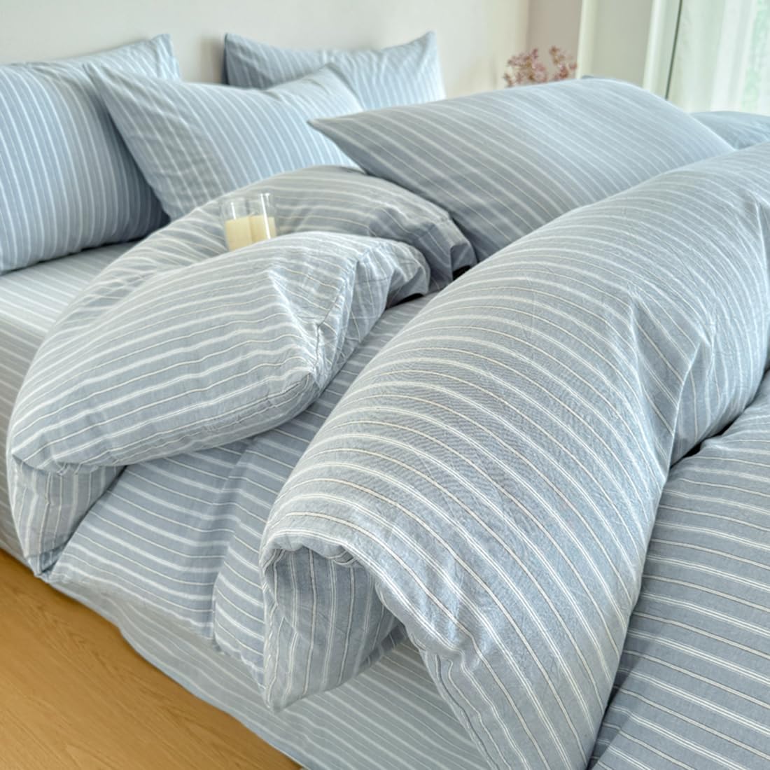 Photo 1 of PinkMemory Blue Striped Duvet Cover Set King 100% Washed Cotton Blue Stripes Bedding Duvet Cover Set with Streak Pillowcases-Ultra Soft Breathable Zipper Closure Corner Ties
