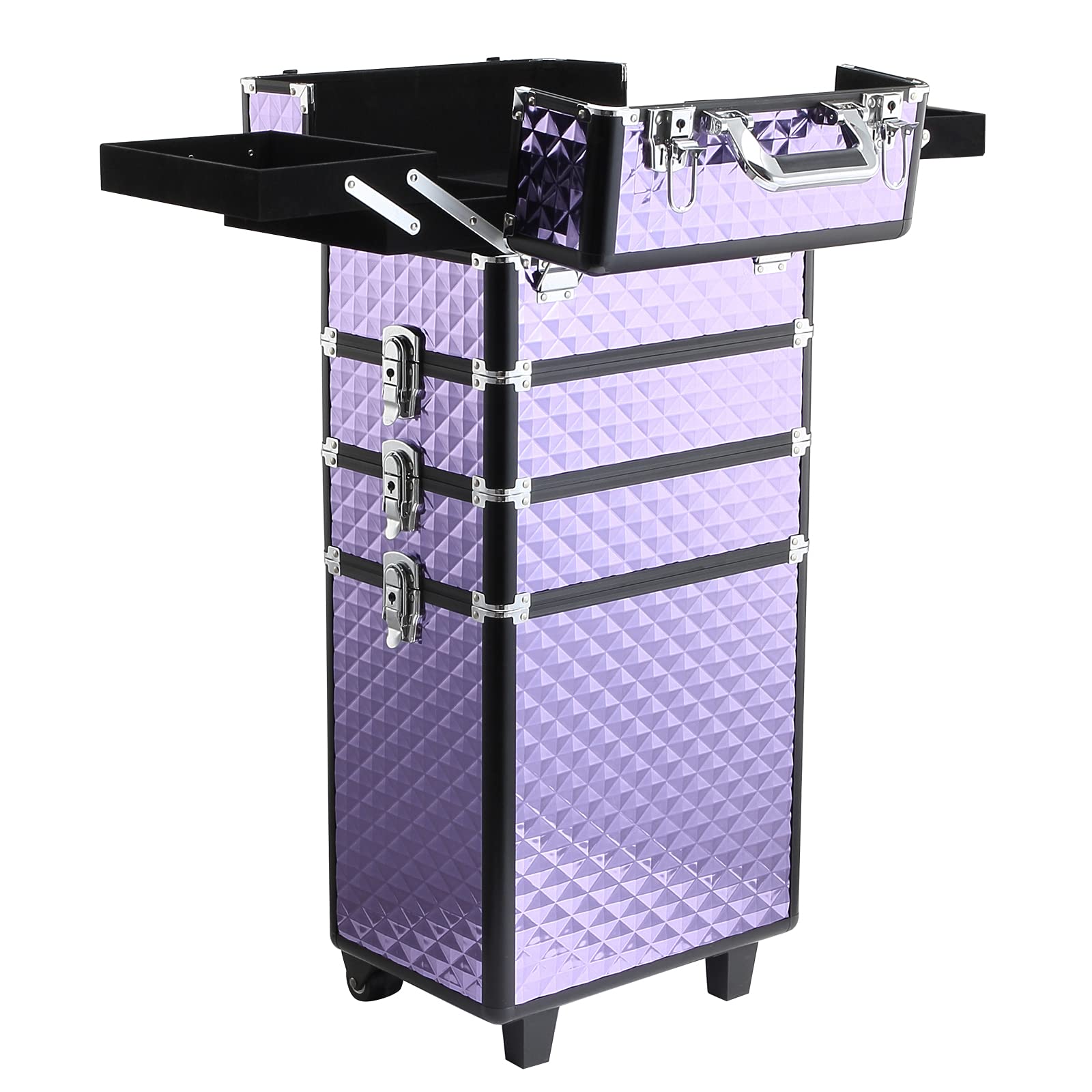 HOMCOM Valigia Porta Trucchi Professionale 2 Ruote Viola 33.5x23x76/95.5cm | Trolley Trucco Professionale, Makeup da Viaggio in Alluminio