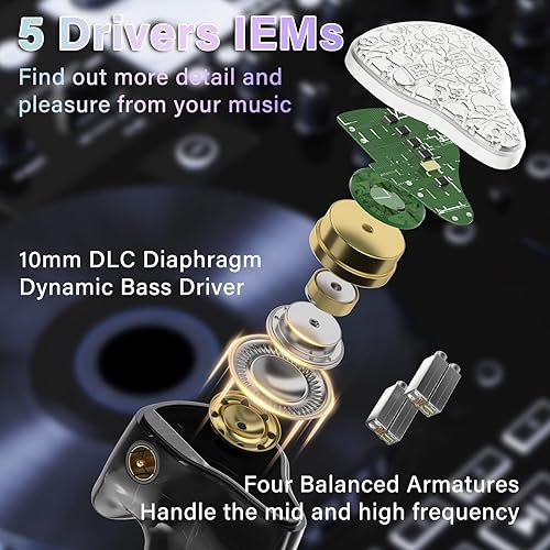 Miniatura 2 de BASN Bmaster5 monitores intrauditivos, 1DLC diafraga+4BA 5 controladores IEM auriculares con cable OFC chapado en plata, auriculares con aislamiento