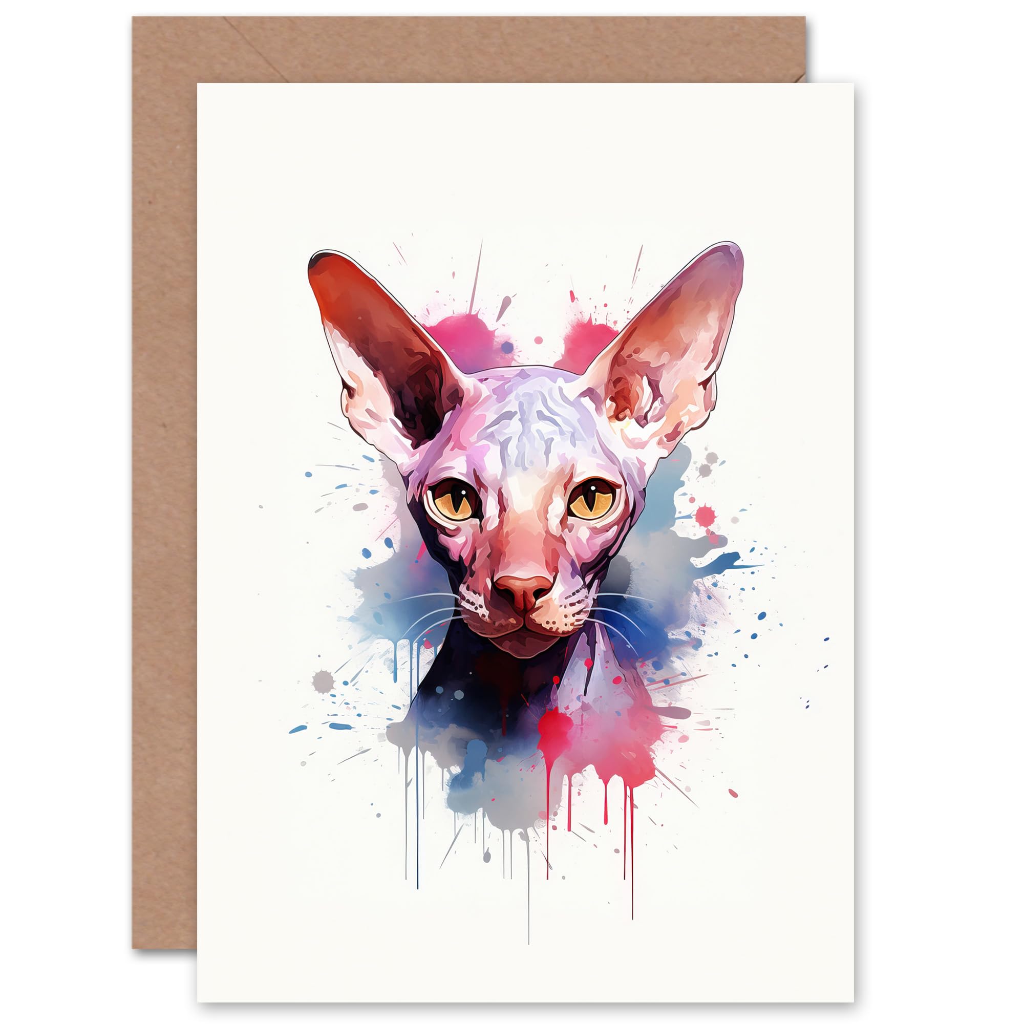 Artery8 Sphynx Cat Lovers Gift Watercolour Pet Portrait Painting Artwork Sealed Greeting Card Plus Envelope Blank inside