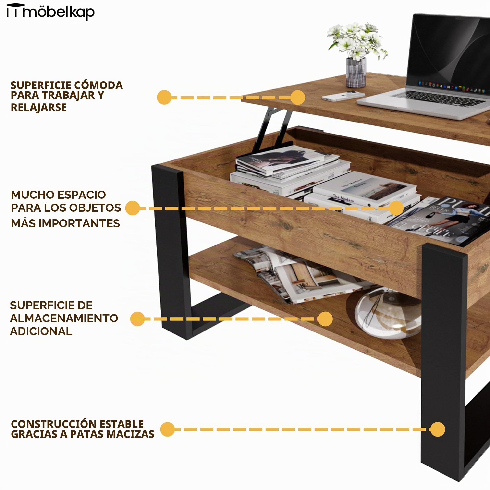 Mesa de Centro elevable | Mesa de salón Regulable con Almacenamiento | Roble Lancelot Negro con Estante y Compartimento Oculto