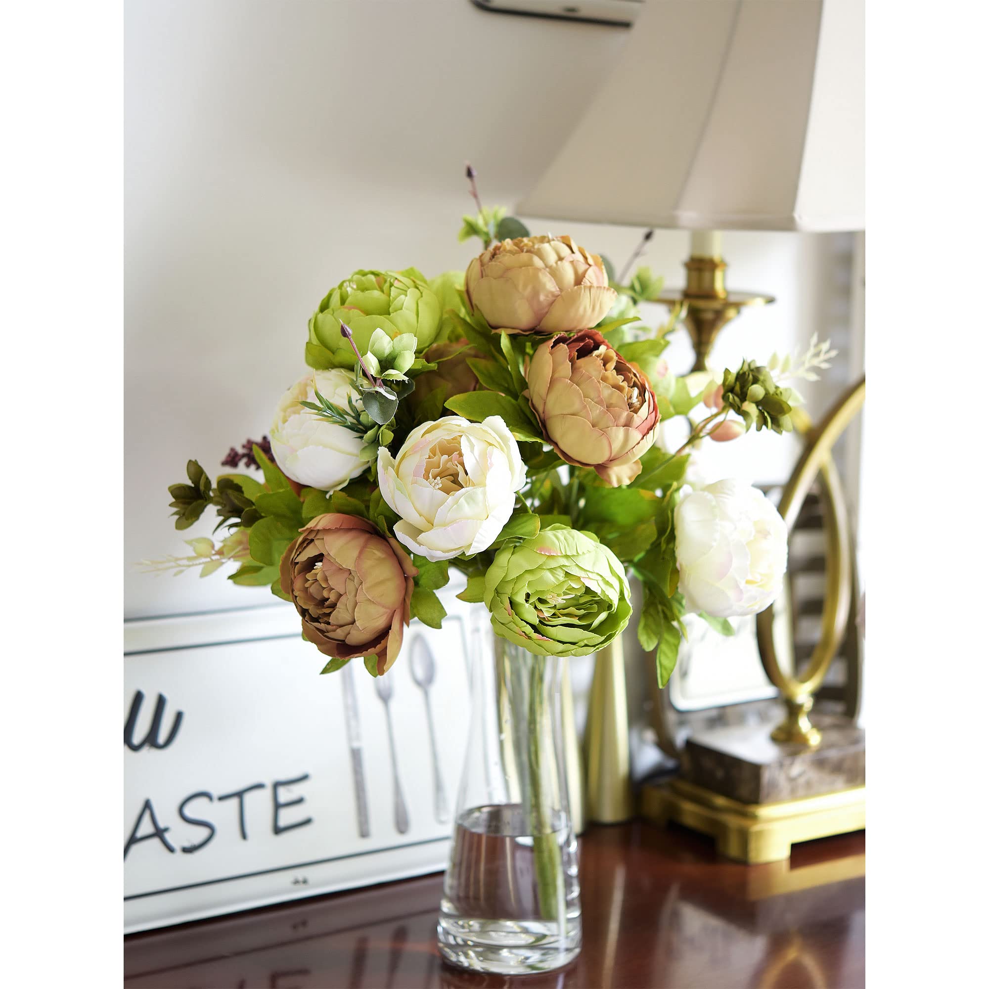 FiveSeasonStuff 2 Blumenstrauß aus Pfingstrosen, Seide, künstliche Blumen und Hortensien, perfekt für Hochzeit, Braut, Party, Zuhause, Bürodekoration (rustikales Braun, Beige und Grün, 2 Bündel))